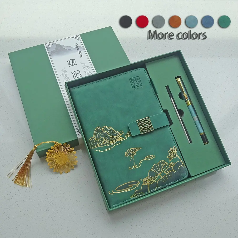 Chinsikol A5 Leather Notebook Gift Set, Includes Pen, Refill, Metal Bookmark, Elegant Traditional Design, Business Gifts, Teacher Presents