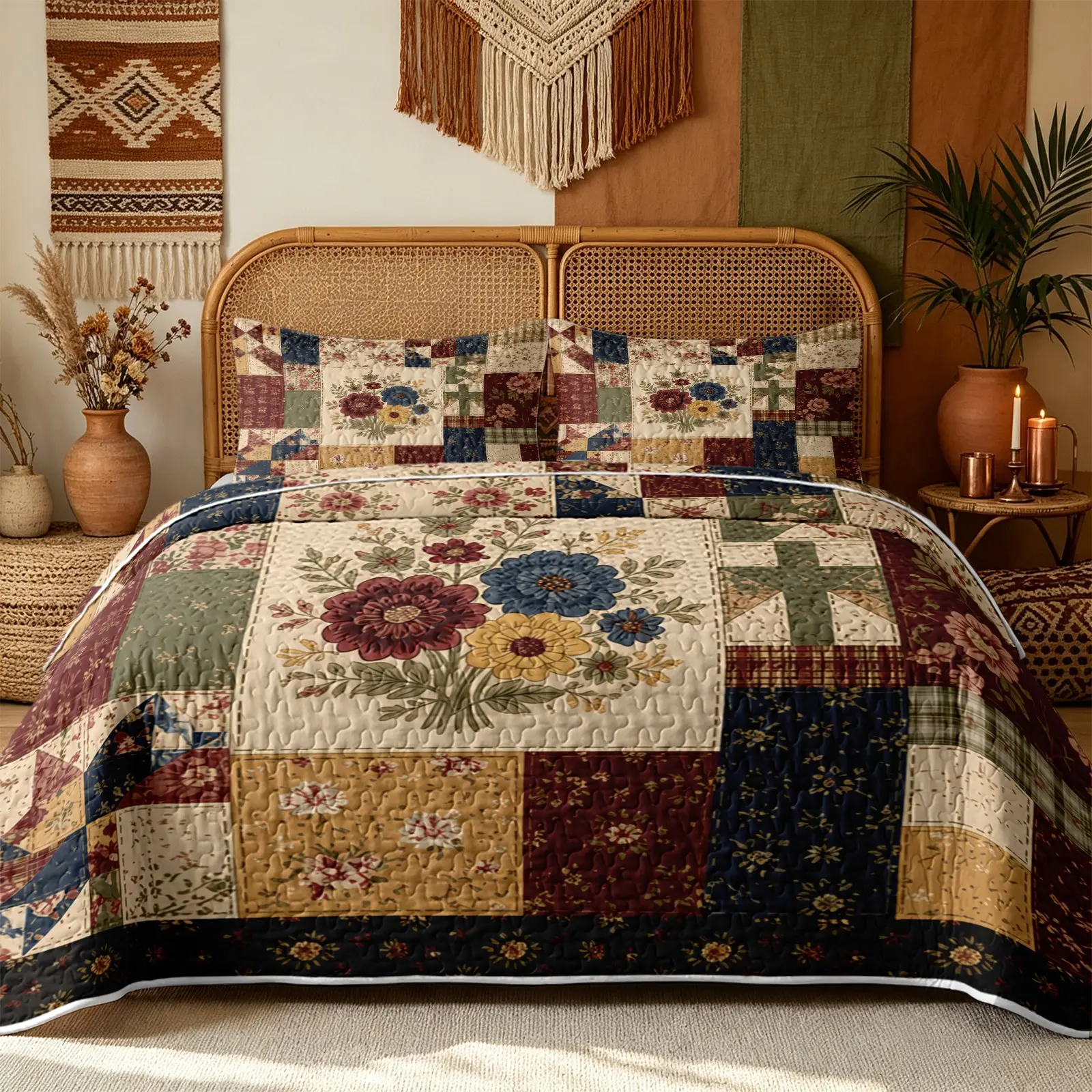 3Pcs Vintage Bouquet Patchwork Quilt Sets 1 Quilt And 2 Pillowcases Central Colorful Flower Bouquet Pattern Red Brown Blue Yellow Multi Color Block Border Classic American Country Style Washed Vintage Print Reversible Lightweight Bedding No Inner Filling