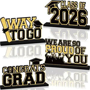 4Pcs Black and Gold Graduation Decorations 2026 Wooden Table Centerpiece Class of 2026 Graduation Table Decorations Tabletop Tiered Tray Decor for Congrats Grad Party Decor Supplies