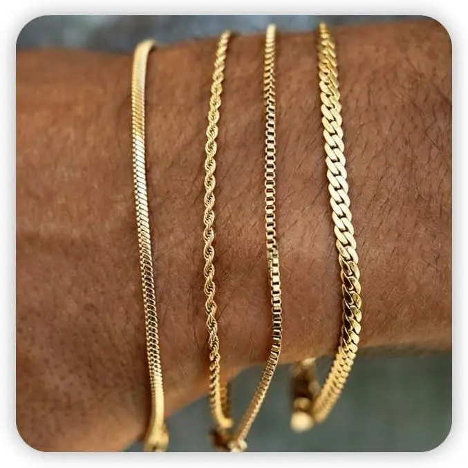 Men's Adjustable Gold-Plated Stainless Steel Bracelet Stack Set - Snake Link, Rope, Figaro, Herringbone, Cuban Link Designs for Male Wear, Birthday Gift Ideas