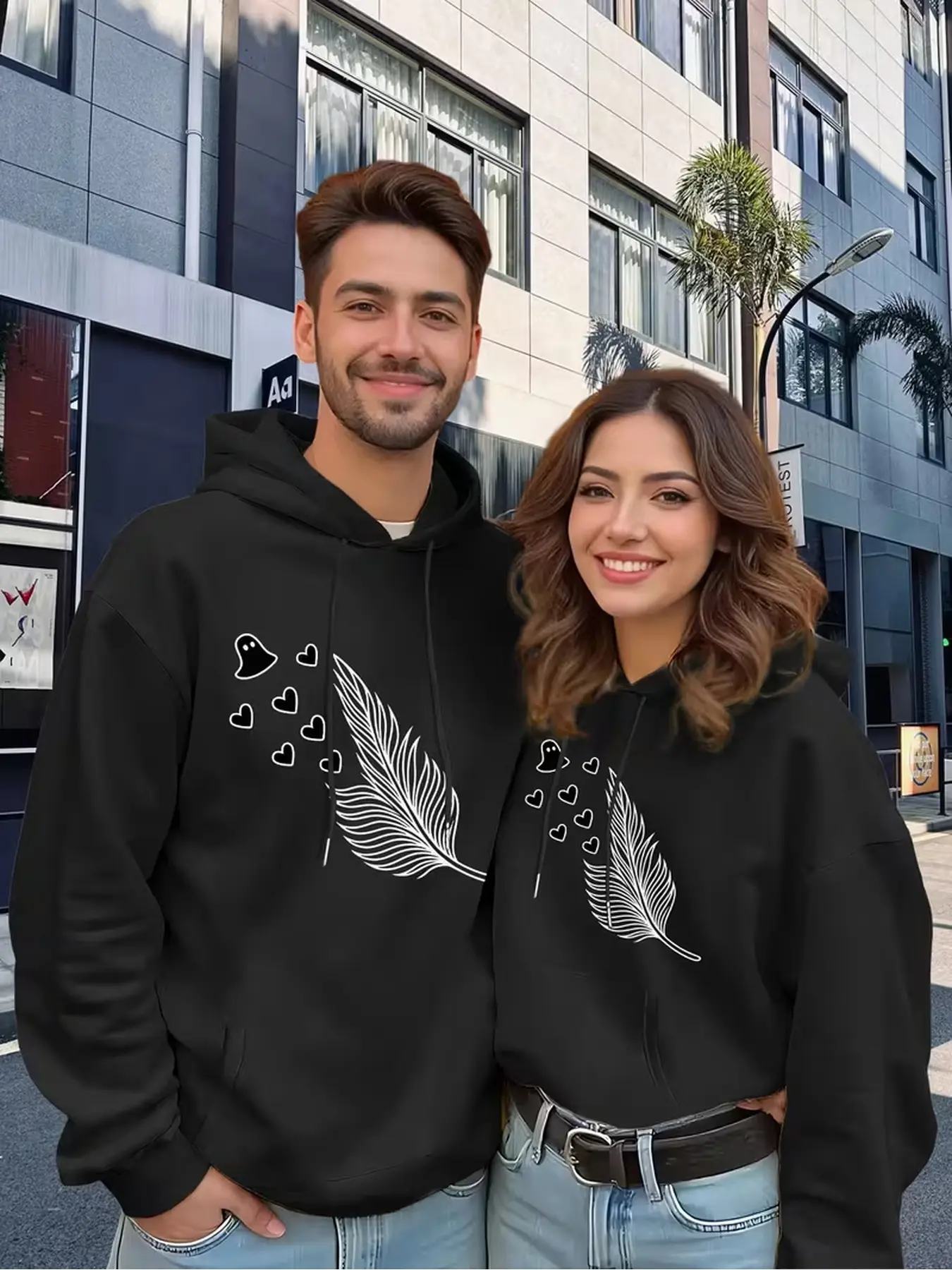 2Pcs American casual couple hoodies, thickened polyester sweatshirts for autumn and winter warmth, practical daily going-out outfits for lovers.