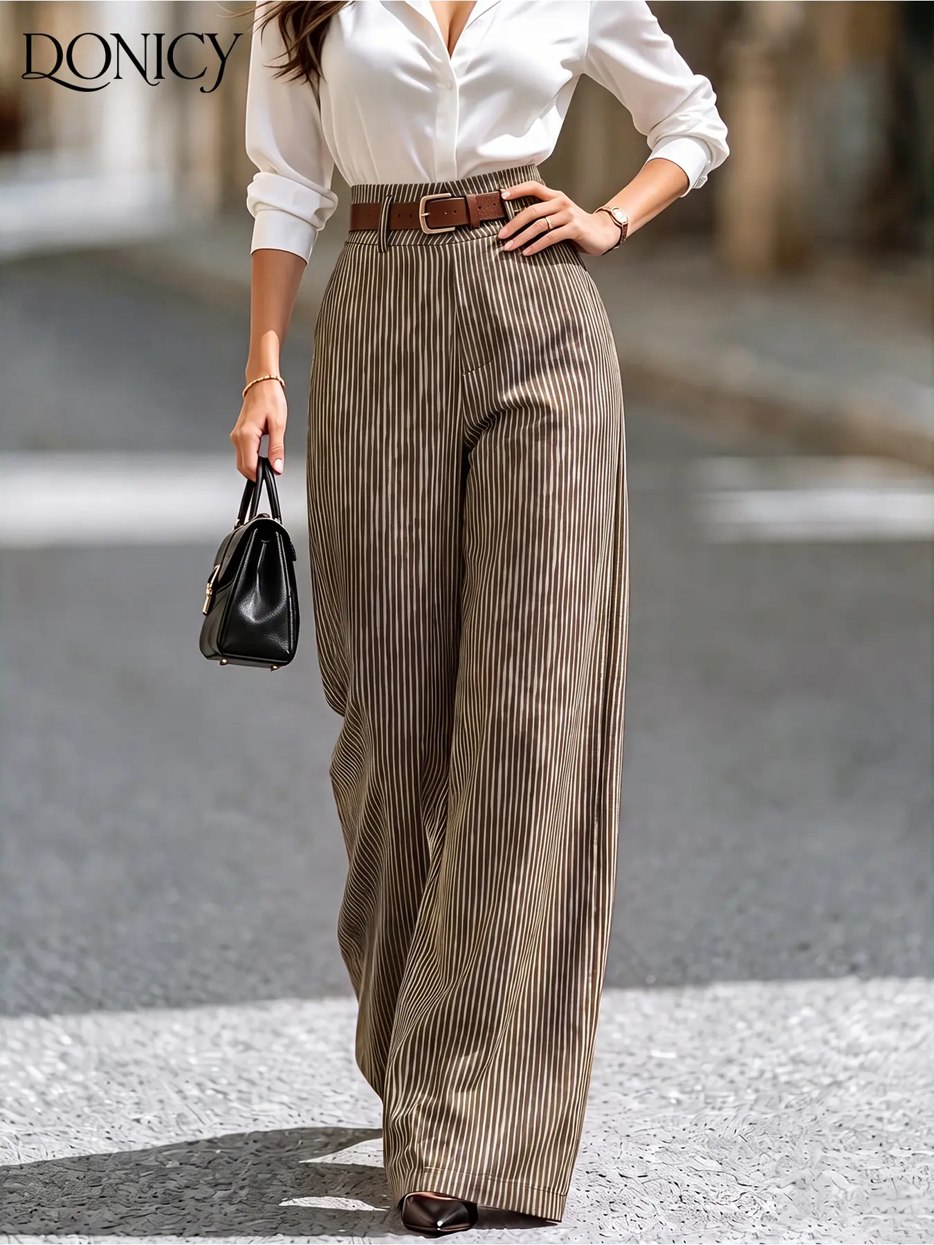 Women High Waist Vertical Striped Wide Leg Pants Soft Stretchy Fabric Elegant Long Trousers for Office Business Work Date Street Daily Casual Outfit