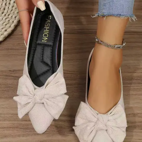 Women's Large Bow Pointed Toe Velvet Flat Shoes, Soft Sole Anti-Slip Slip-On Loafers, Versatile Casual for Daily Commute Office Wear, Pointed Toe Flats