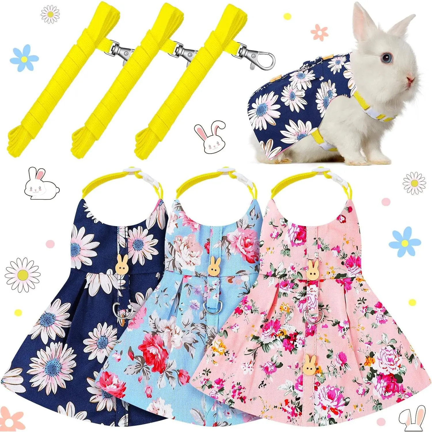 3Pcs Small Animal Escape-Proof Walking Harness Leash Set Pack with Fabric Dress, Walking Aid for Rabbit, Hedgehog, Ferret