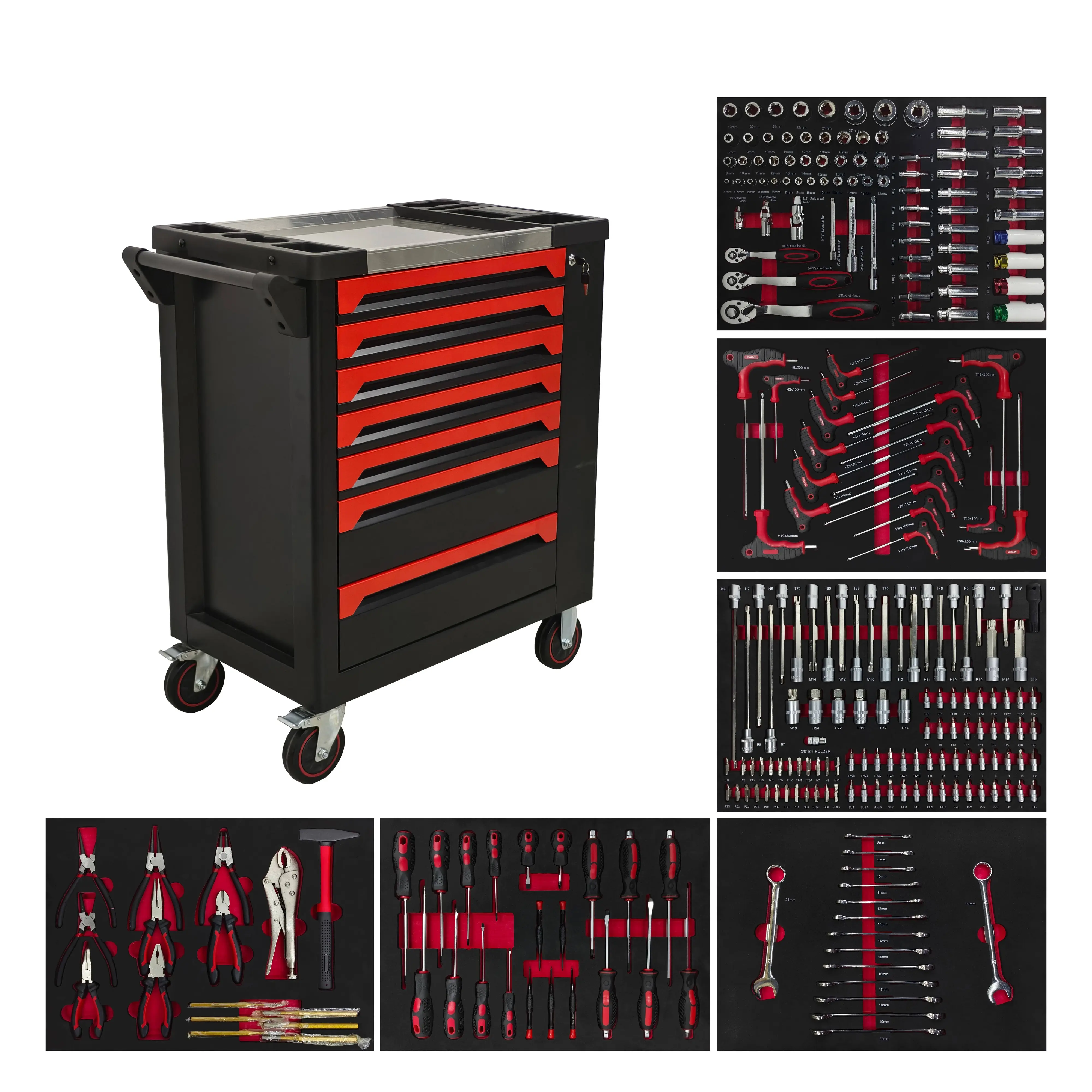 ARCH 7-Drawer Rolling Tool Chest with 258-Piece Tool Set, Heavy-Duty Carbon Steel Storage Cabinet, 18.11"W x 33.07"D x 37.99"H, Black+Red, 35KG Drawer Load, PU Wheels, Stainless Top, for Garage Users' Workshops