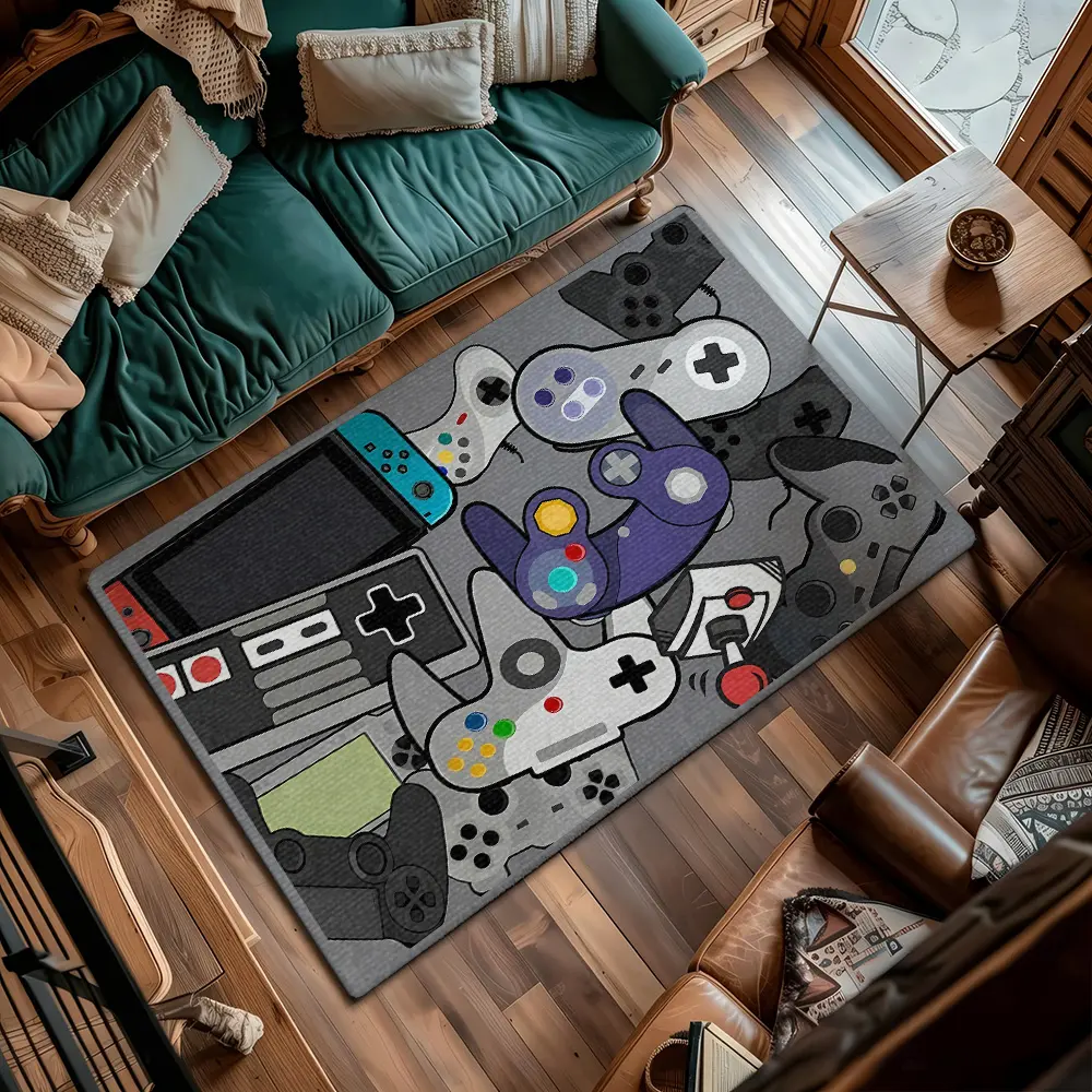 Gray Background Multi-Style Game Controller Collage Flannel Gaming Rug #GameControllerCollageRug #RetroGamepadPrintMat #FlannelCarpet #E-sportsGamingRoomDecor