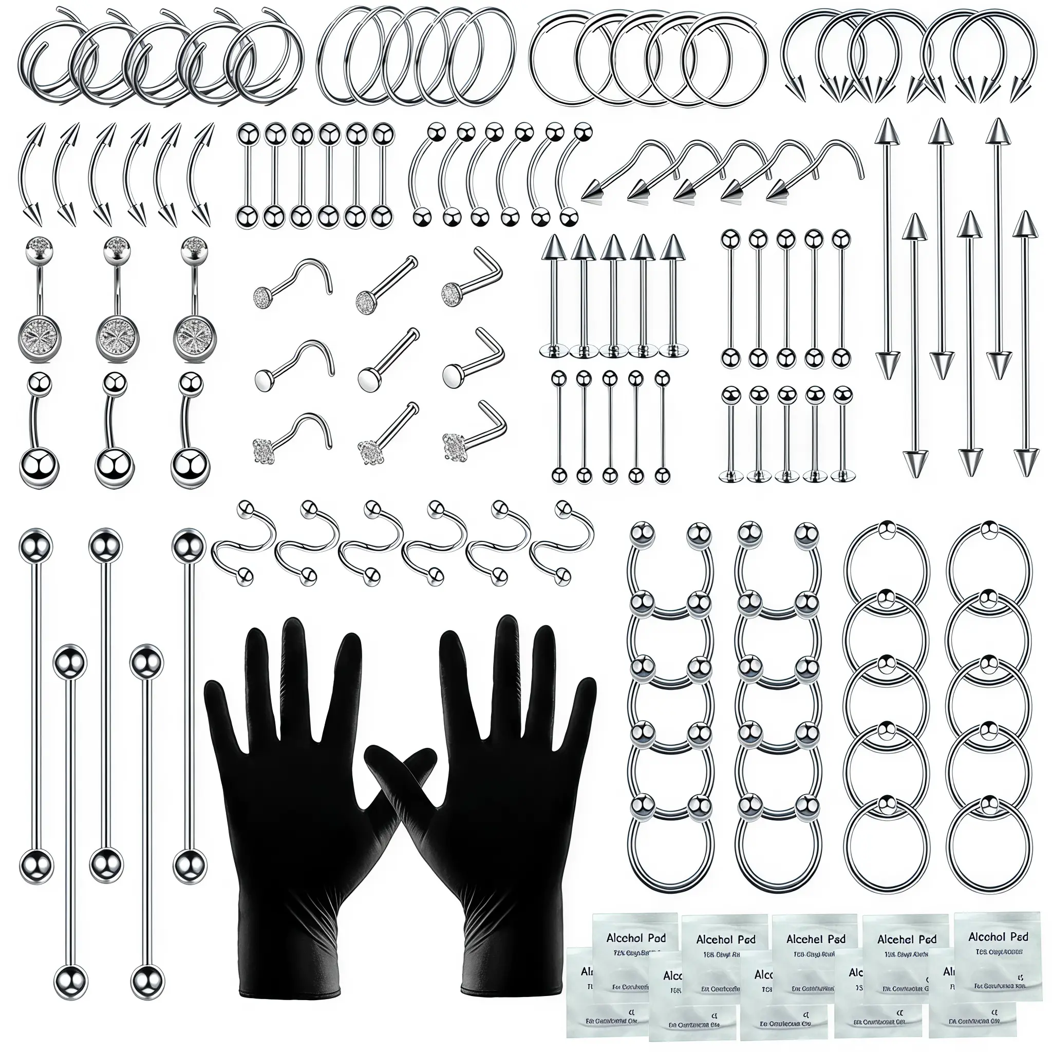 153Pcs Piercing Kit: 12G, 14G, 16G, & 316L Stainless Steel Jewelry for Nose, Belly, Lip, Ear