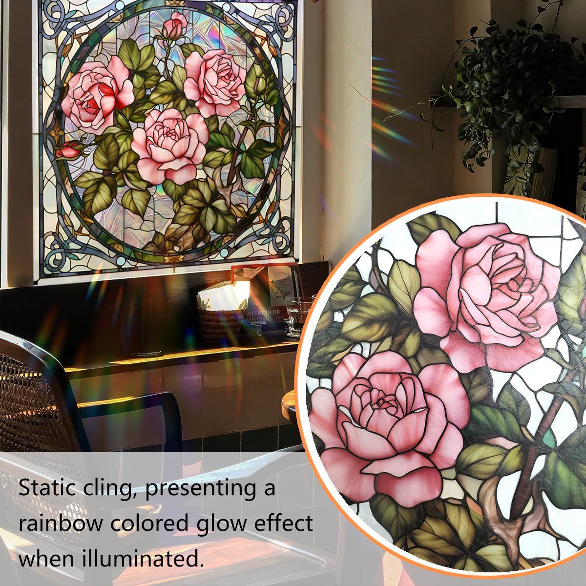 Rose Pattern Window Sticker, 2 Counts/set Double Sided Visual Window Decal, Decorative Sticker for Home Window Glass Door, Sticker Decorations, Self Adhesive Film, Floral Pattern Sticker, Window Decorations Supplies