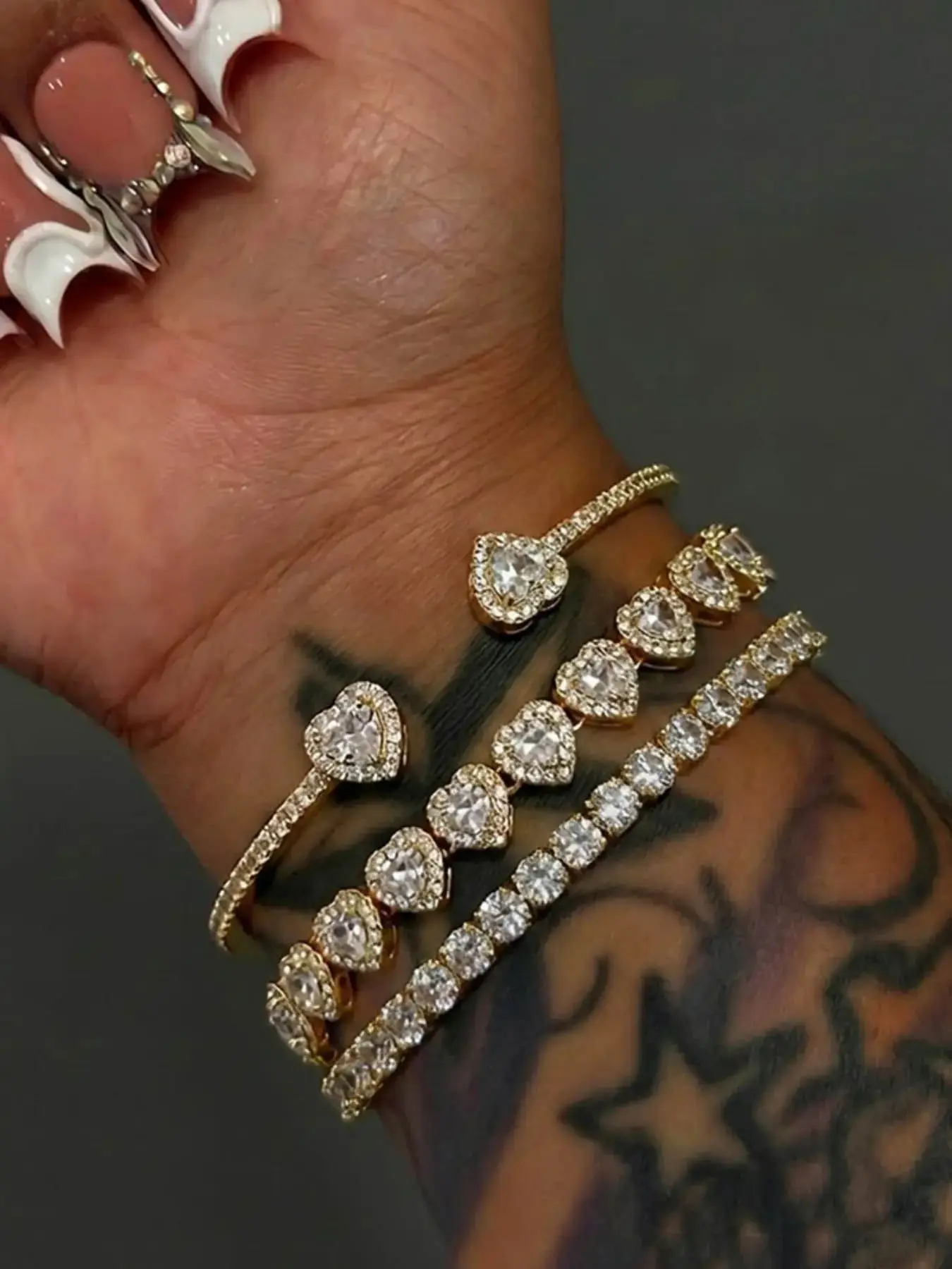 3-Piece Luxury Heart Zircon Bracelet Set, Elegant Adjustable Waterproof Bangle, Low Allergy Jewelry, Valentine's Gift, Cuff Bangle Set