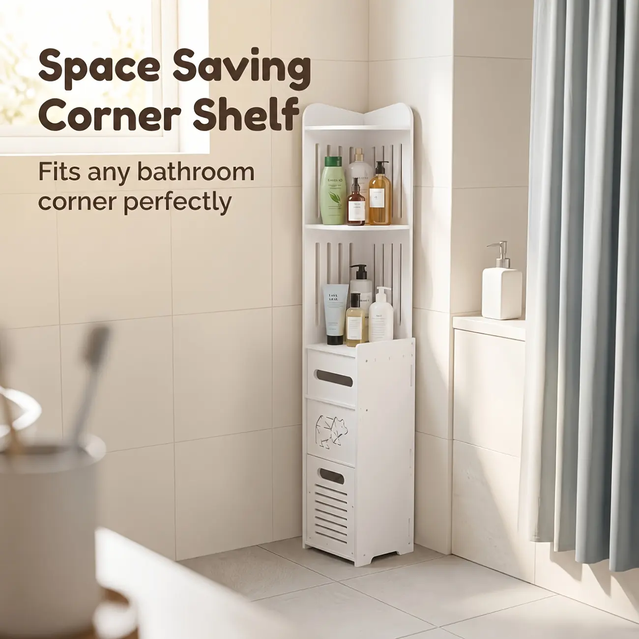 Compact White Corner Storage Cabinet, Waterproof PVC Freestanding Tall Narrow Corner Shelf Unit with Open Shelves, Space-Saving Organizer for Small Bathroom, Laundry Room, Home Office, Dorm, Fits Tight Corners