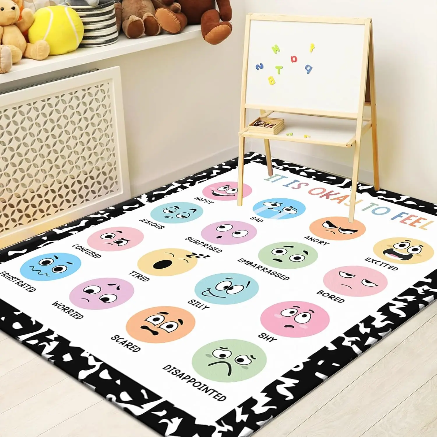 JarThenaAMCS 3.3 x 4 Ft Calming Corner Rug Feelings Chart Emotion Reading Mat Colorful Non-Slip Soft Fluffy Mental Health Floor Carpet for Back to School Living Bedroom Playroom