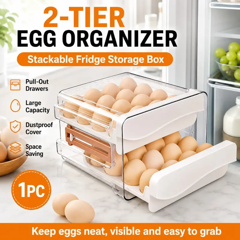 2-Tier Rolling Egg Holder for Refrigerator, Clear Egg Storage Drawer Organizer, Automatic Egg Dispenser Box, Space-Saving Fridge Container for Kitchen