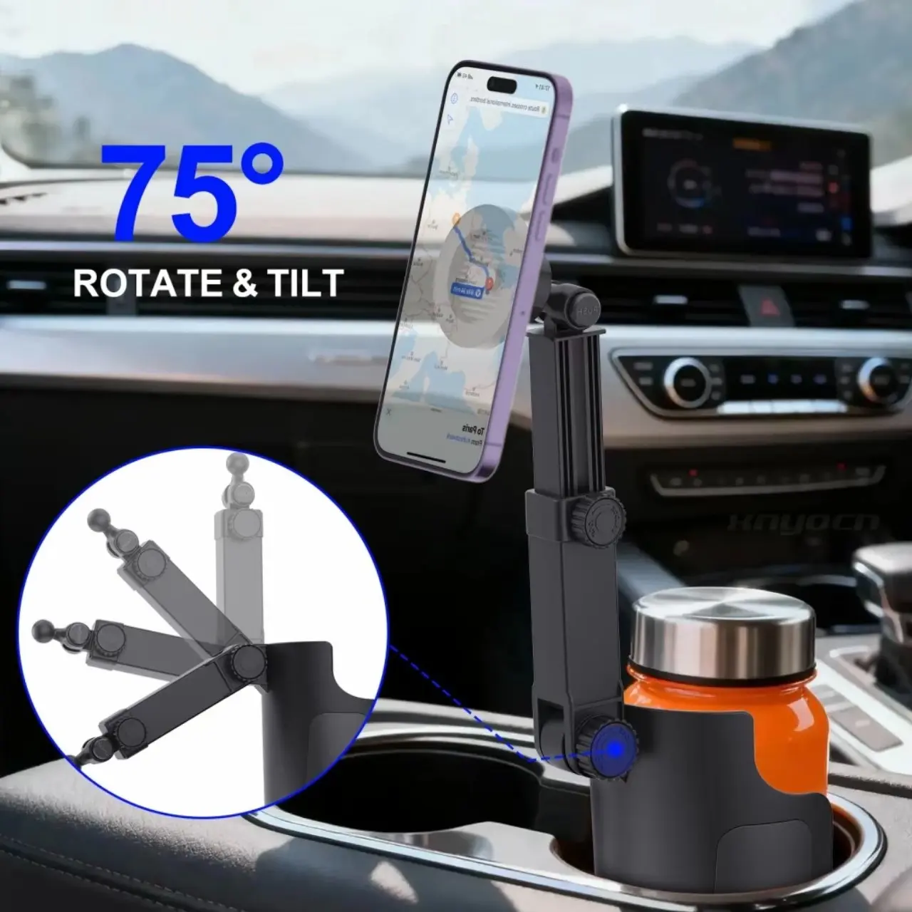 Two-In-One Car Cup Holder, Phone & Tablet Stand, Adjustable Height, 360° Rotation, Magnetic Design, Compatible with iPhone, Samsung, iPad, Suv, Truck