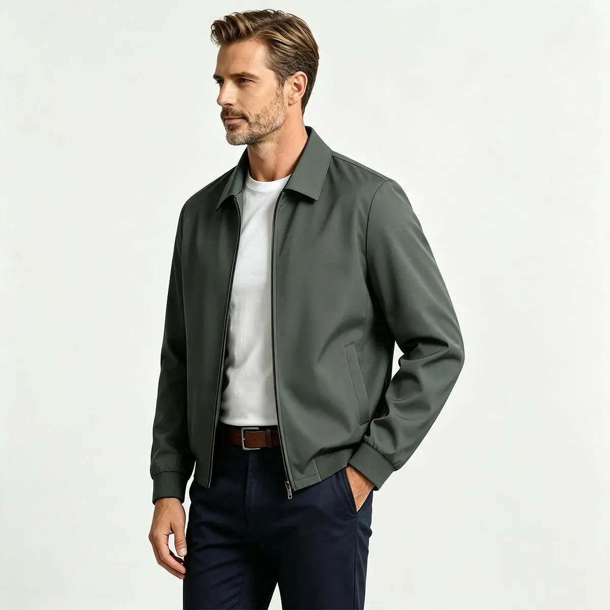 Men Solid Lapel Zip Up Harrington Jacket, Rib Cuff Lightweight Windproof Outerwear, Minimalist Smart Casual Coat for Spring Autumn Business Daily Outfits