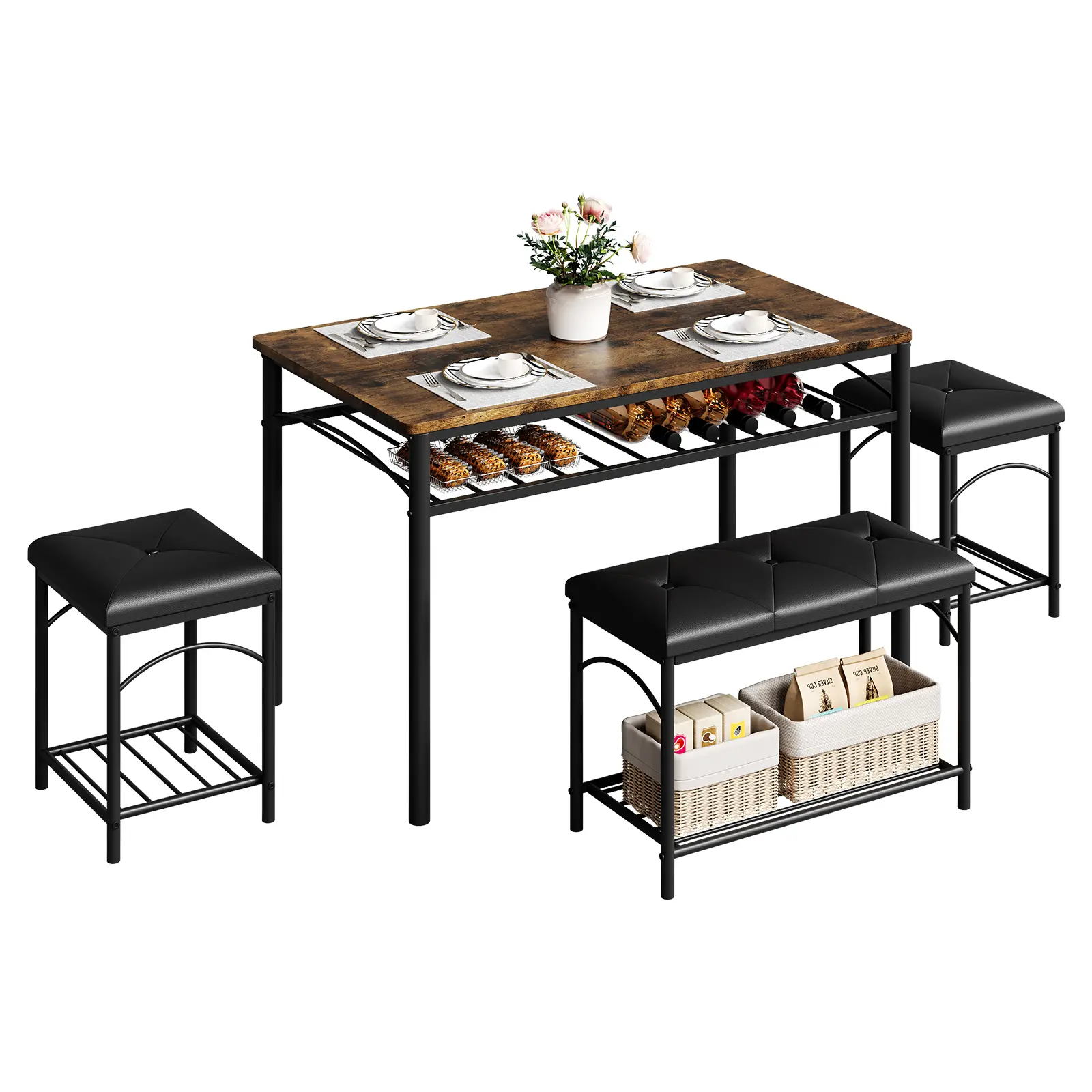 Compact Modern Indoor Dining Table Set - 4-Seat Rectangular Table, Upholstered Armless Bench, 2 Stools - Ideal for Small Apartments, Breakfast Nooks