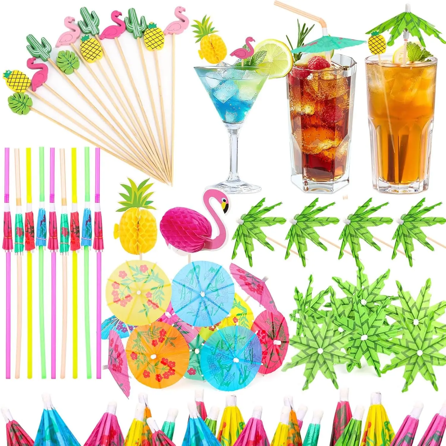 Drink Umbrellas, 180PCS Cocktail Drink Accessories Includes Umbrella Straws, Umbrella Toothpicks, Decoration Picks for Aloha Tropical Hawaiian Luau Party Decorations