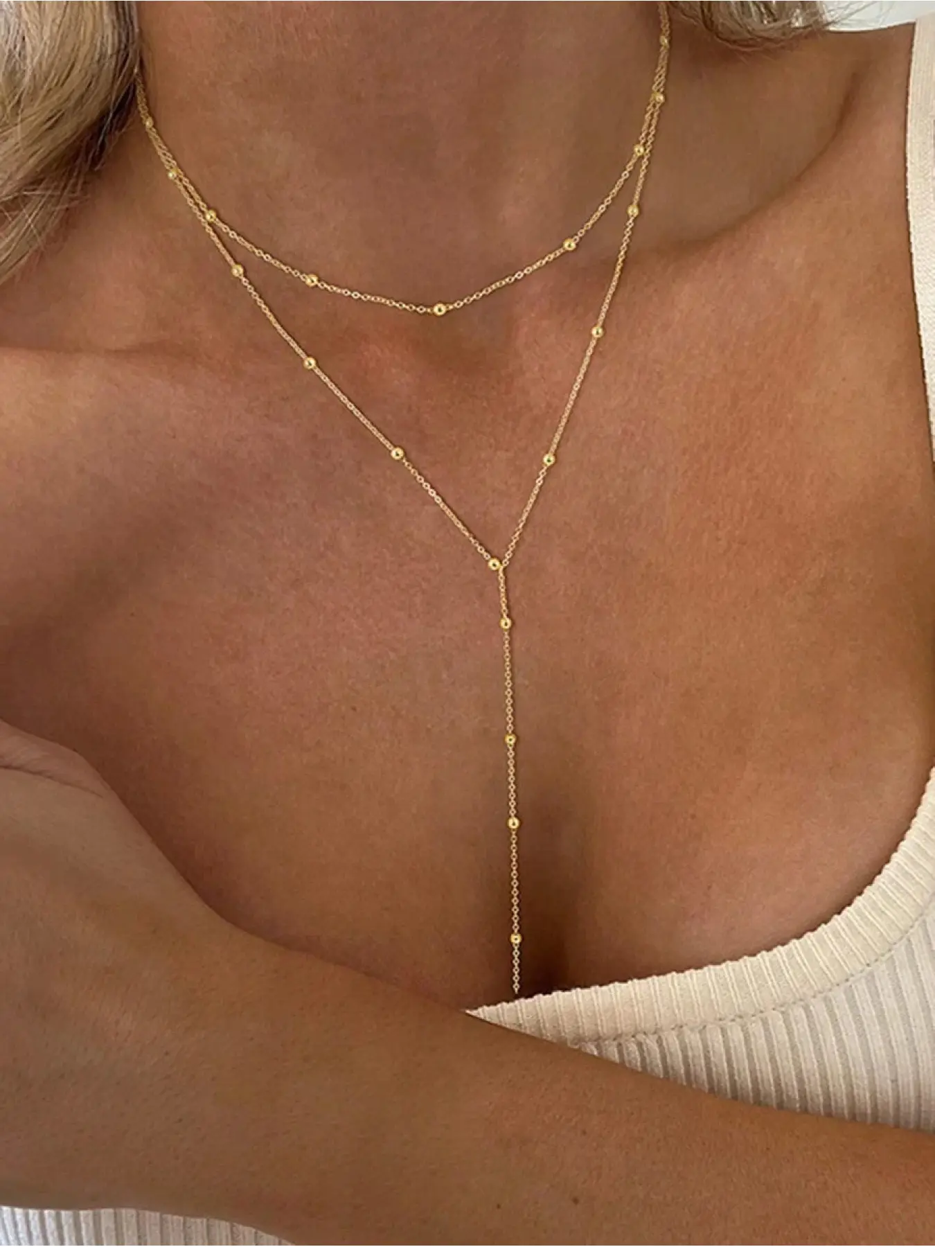 1pc Stainless Steel Double Layer Necklace, Long Pendant Fashion Necklace, Y-Shape Chain With Round Bead Pendant, Beaded Y Necklace, Women's Daily Wear, Double Layered Jewelry