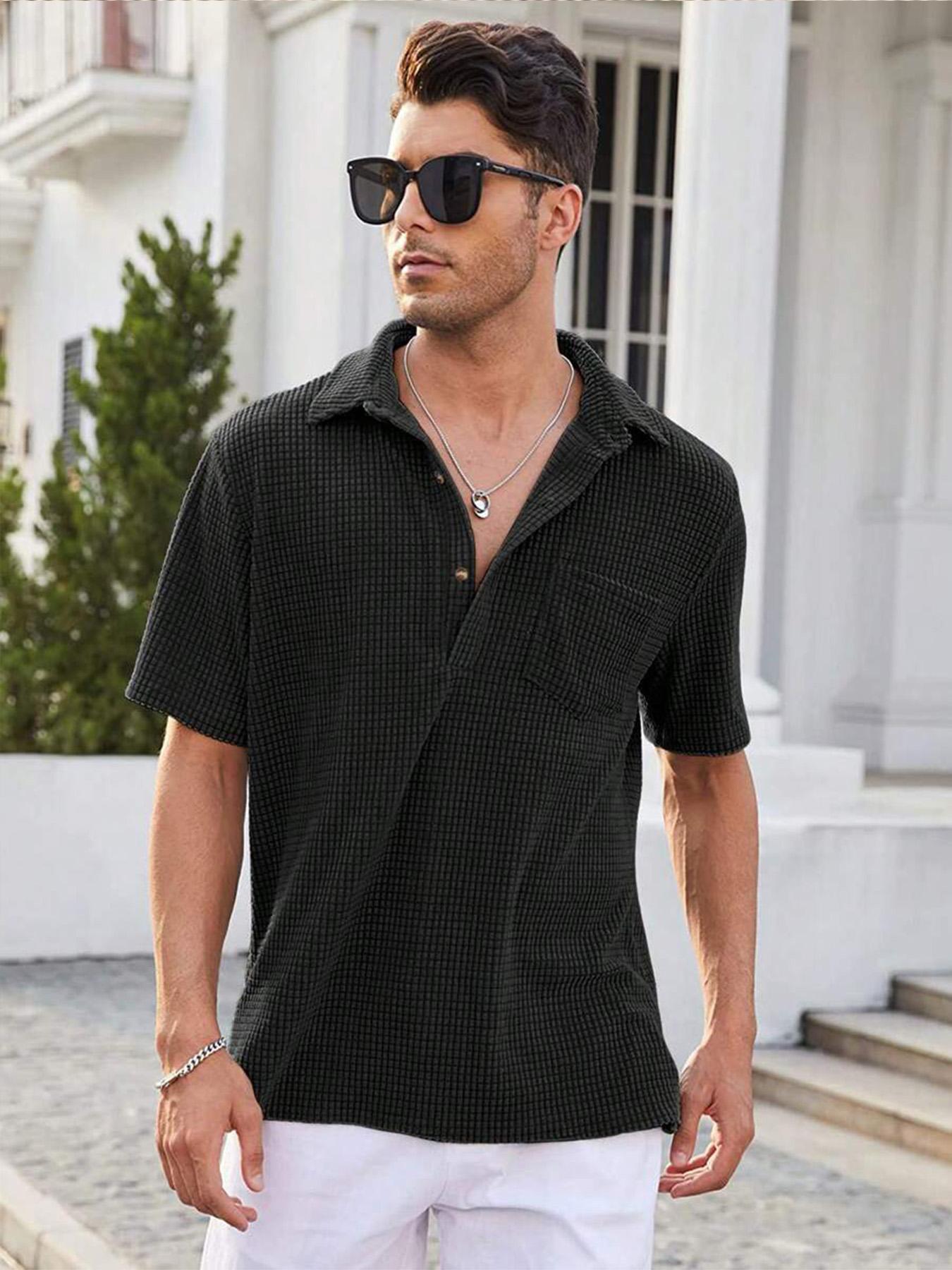 Men's Regular Fit Pocket Button Front Waffle Knit Polo Shirt, Casual Short Sleeve Top for Summer, Menswear for Daily Wear
