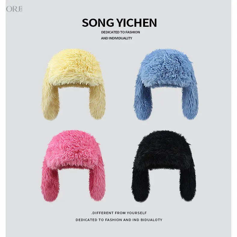 Women Winter Big Fuzzy Rabbit Ear Beanie, Solid‑Color Windproof Wrap‑Around Hat, Warm Ear‑Protection Fashion Pull‑On Hat for Cold Weather