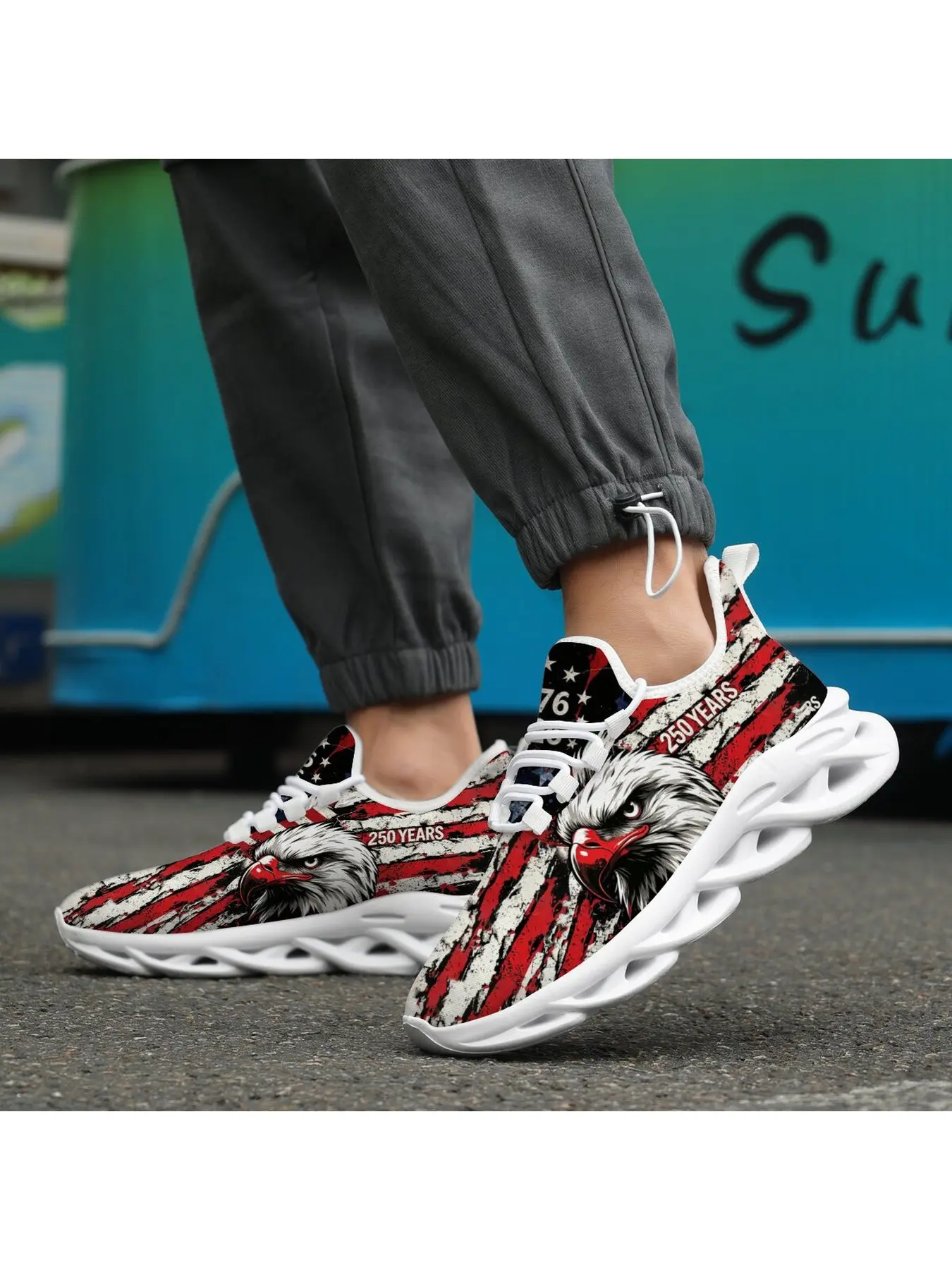 250th Anniversary American Eagle Print Fashion Sneakers, USA Flag Patriotic 1776 Design Lightweight Breathable Running Shoes, White Thick Sole Casual Athletic Shoes Independence Day
