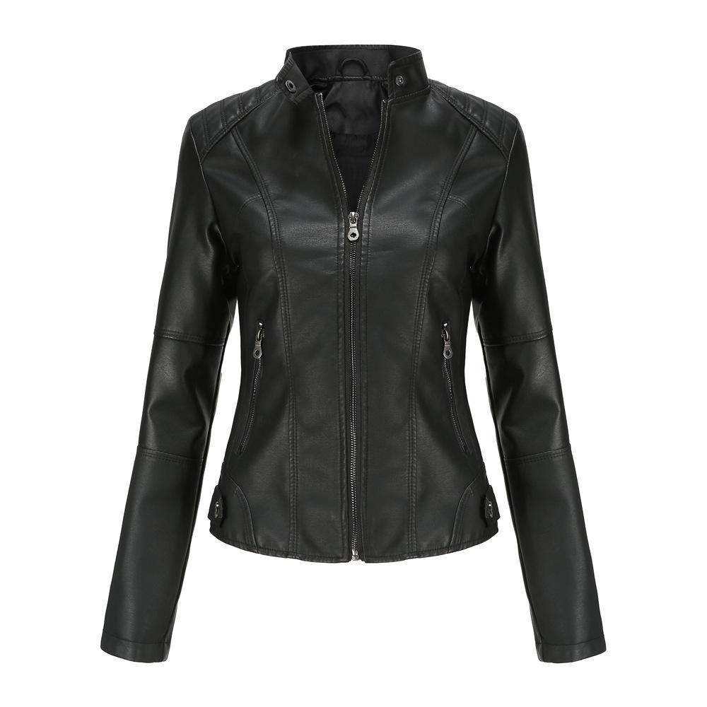 Women's faux leather jacket, bomber jacket style, PU leather motorcycle jacket, solid color, stand collar, zipper closure, long sleeves, slim fit, lightweight, suitable for spring and autumn