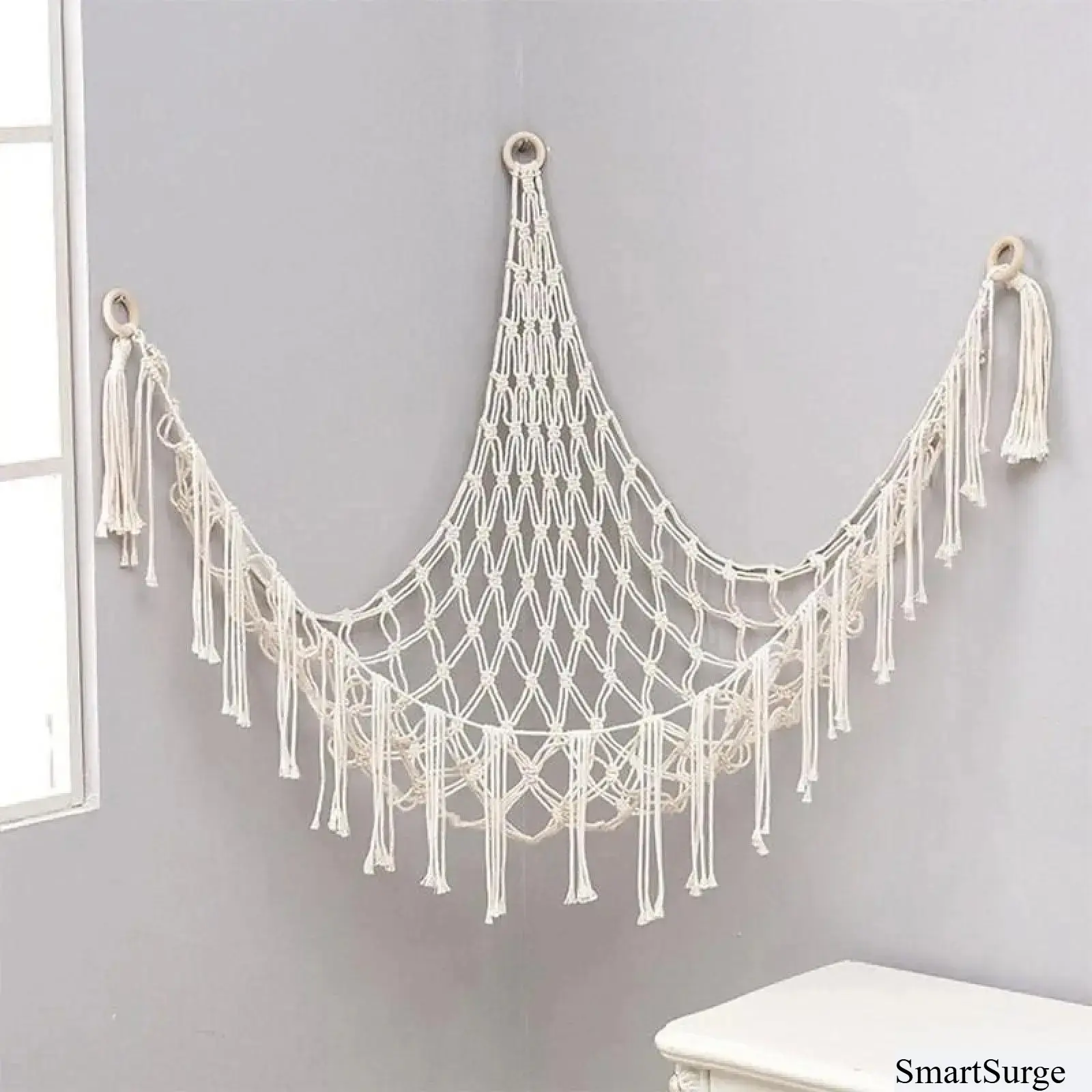 Decorative Lightweight Boho Macrame Stuffed Animal Storage Hammock - Wall-Mounted Plush Toy Organizer with Tassel Detail, 3-Point Hanging Design, Boho Accent Macrame Look for Nursery, Kids Room