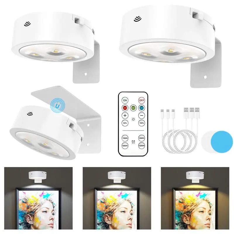 3 Pack Picture Lights for Wall, Rechargeable Battery Operated wall lights， Magnetic Painting Light with 3 Lighting Modes,Remote and Timer Art Display Light for Picture Artworking Frame Portrait,Dimmable Wireless Wall Puck Lights