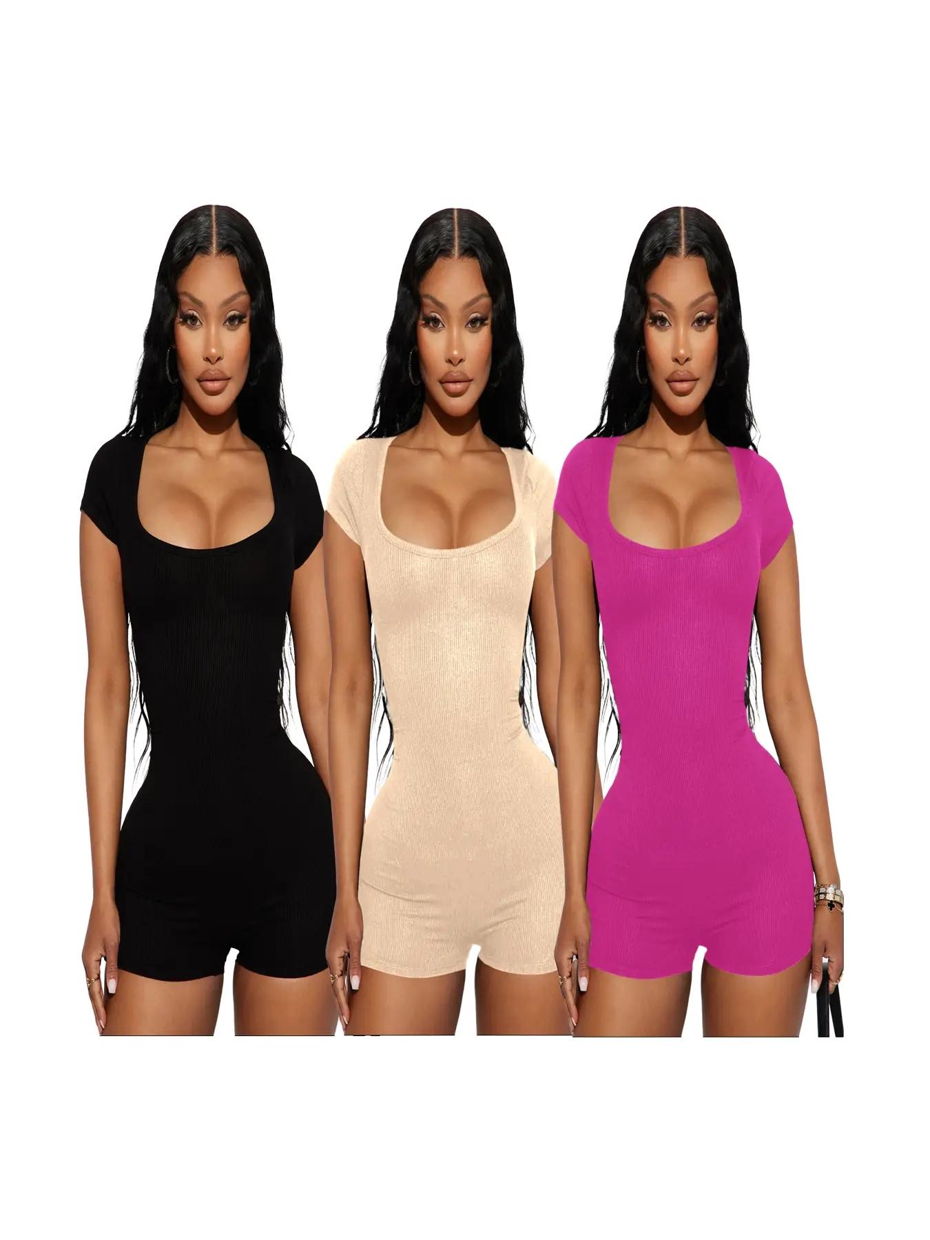Women's Solid Scoop Neck Skinny Romper, Casual Short Sleeve Bodycon Romper, Lady's Summer Clothes for Daily Wear