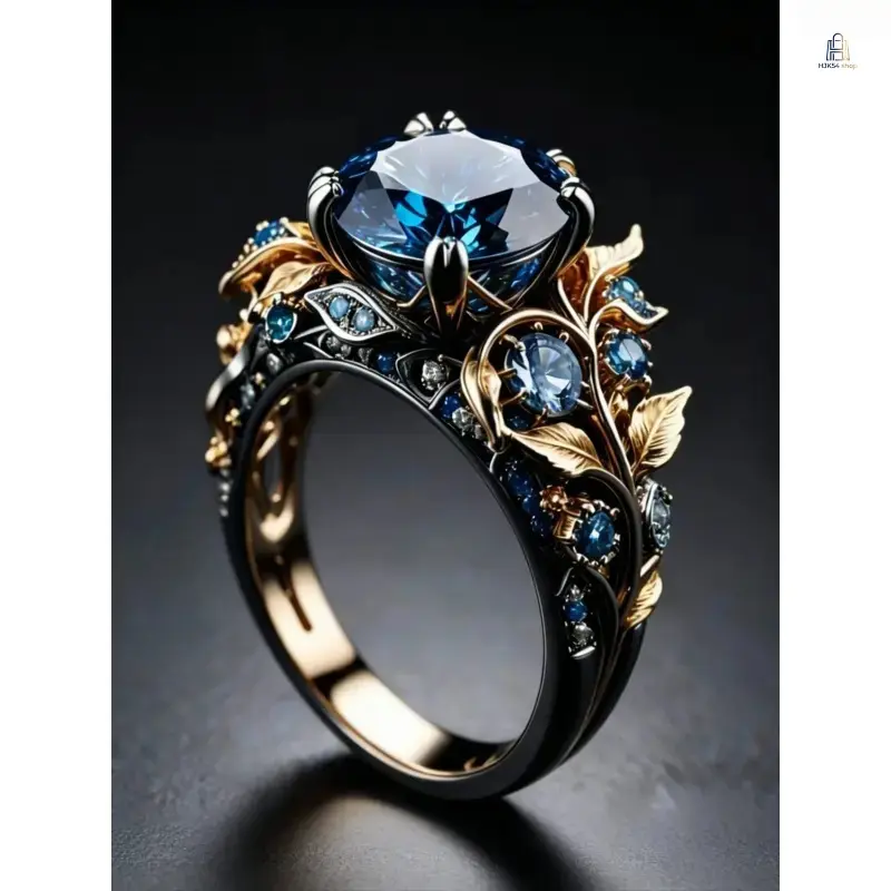 Women's Vintage Alloy Metal Leaf Motif Statement Ring - Blue Rhinestone-Inlaid Unisex Cocktail Jewelry, Dainty Comfort-Fit Band, Durable All-Match Accessory for Date Night, Wedding Banquet