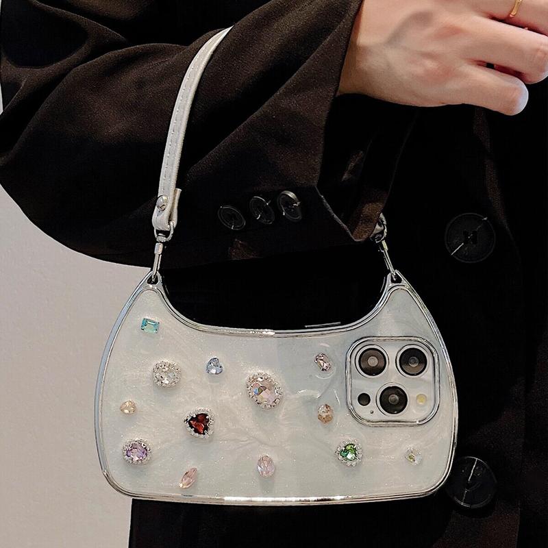 [Free !ship] ( Hand Lanyard ) Glitter Bling Diamond & Heart Sparkle Case for iPhone 17 Pro Max 16 15 14 13 Pro Max for Women Girls Crystal Wristband Bracelet Shockproof Cute Pretty Love Luxurious 3D Rhinestone Decorate Silicone Soft Shell Back Cover