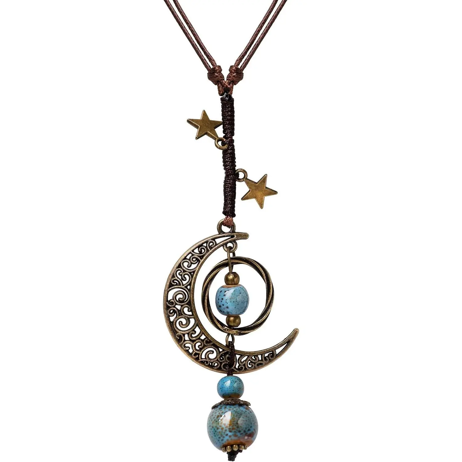 Vintage Bohemian Hippie Ceramic Beads Crescent Moon Lariat Necklace, Boho Statement Jewelry Gift for Women