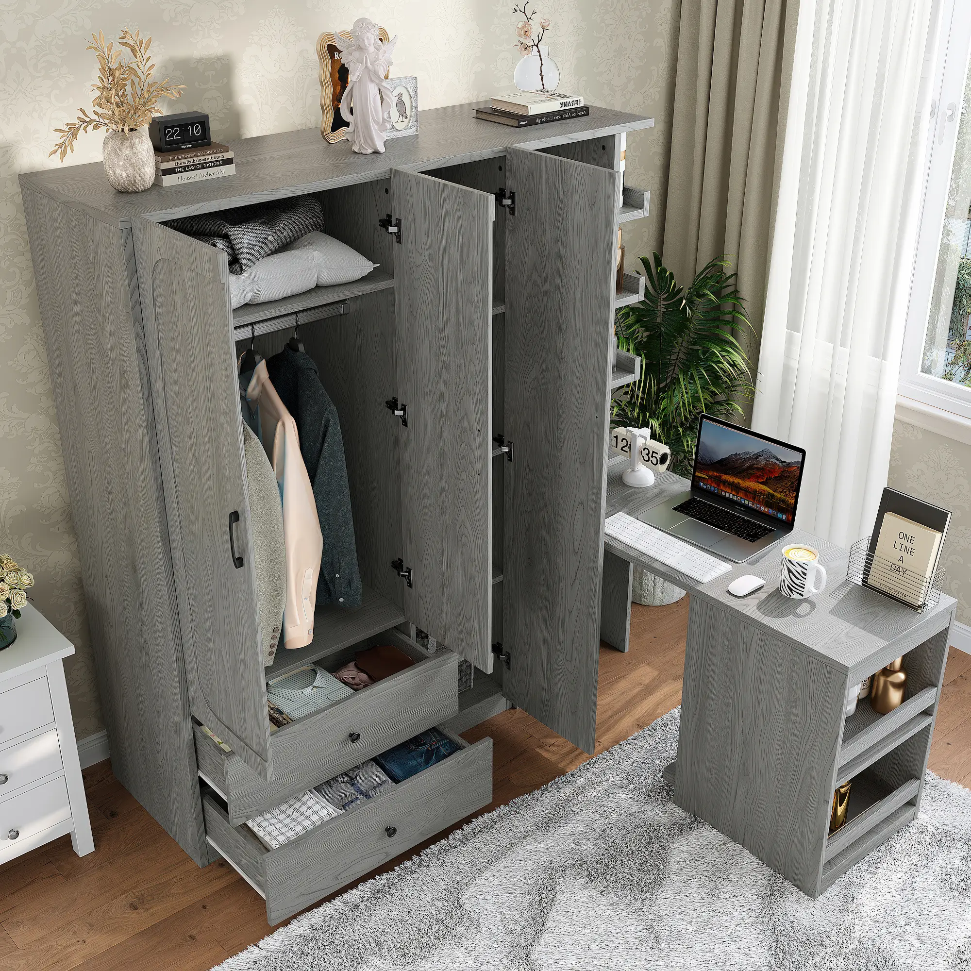 ARCH Single Unit Rectangular Foldable Wooden Wardrobe Closet - Gray Armoire with 2 Doors, Hanging Rod, Convertible Desk, Storage Drawers, Multi-Compartment Spaces, Clothing Organization, Assembly Required Indoor Home Furniture for Bedroom