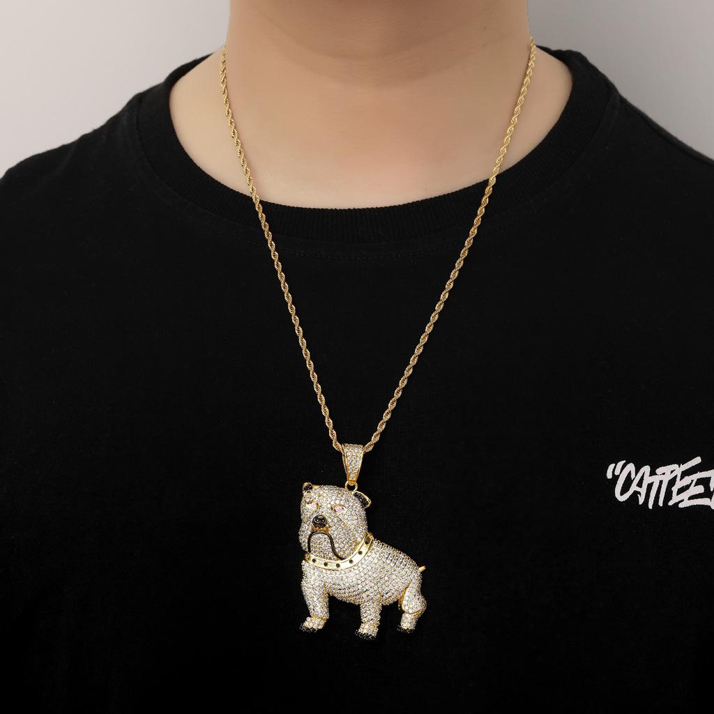 Bulldog Pendant Necklace for Men, Silver and Golden CZ Diamond Dog Chain Necklace, Animal Hip Hop Statement Pendant Jewelry, Streetwear Fashion Gift Accessory