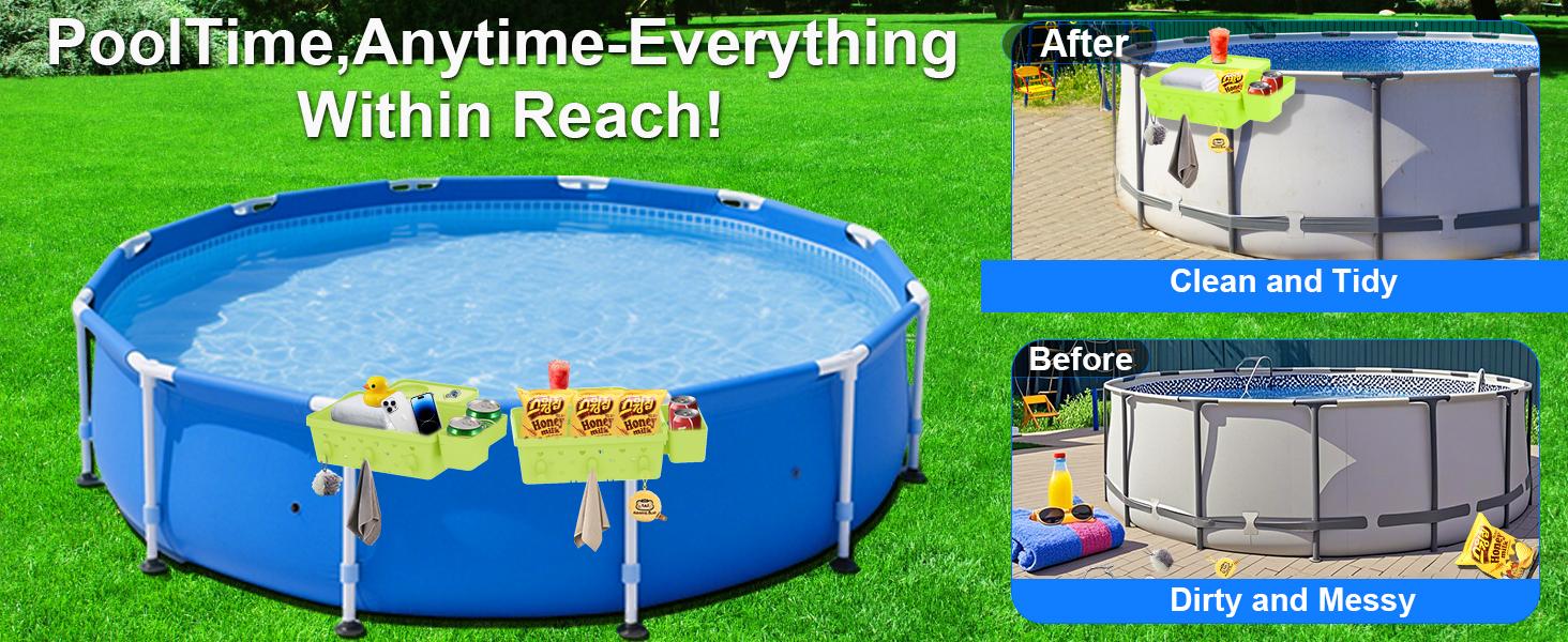 2 Sets Poolside Storage Basket for Above Ground Pool Accessories, Universal Fit Pool Storage with Cup Holders Large Capacity, Durable Pool Organizers for Towels Green