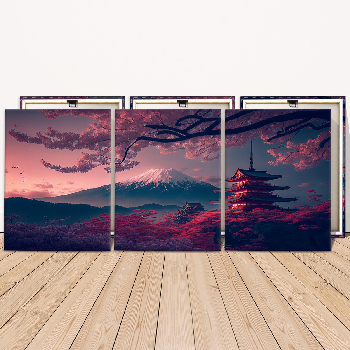 Wooden Framed Canvas Painting, 1-3 Counts/set Water Proof Japanese Style Scenery Canvas Poster, Modern Art Wall Decoration, Home Wall Decor
