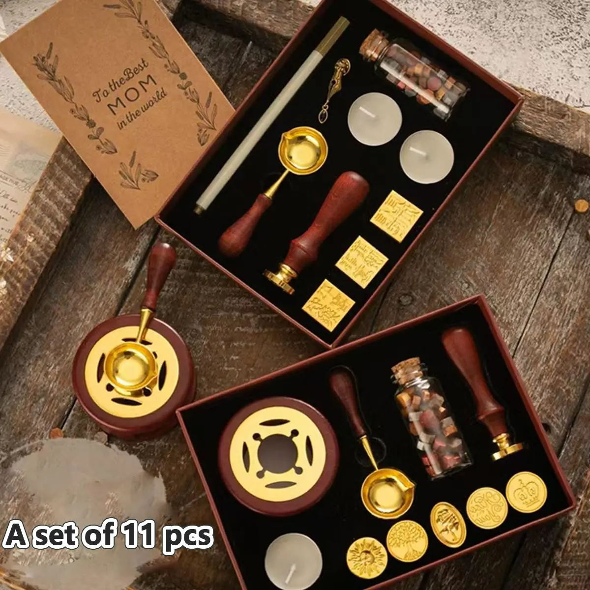 Vintage Wax Seal Stamp Set, Reindeer Gift Box, Small Round Wax Seals, Wooden Handle, Fireproof Wax Stamps, Complete Kit, Sealing Tools