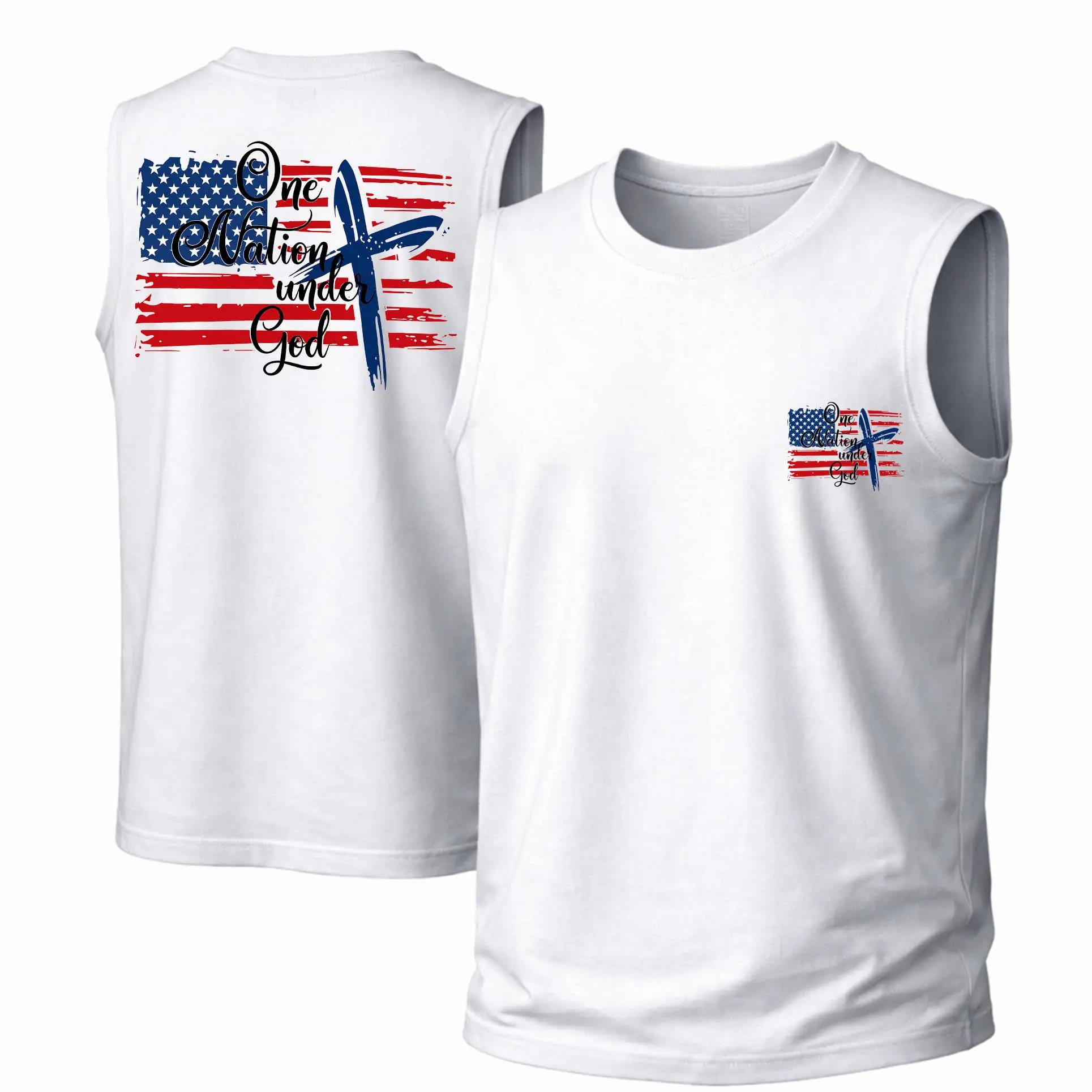 Men's Cotton Sleeveless Tank Top -One Nation Under God Printed Style. This Is A Casual Item Suitable For Both Men And Women, Especially Perfect For Spring And Summer; The Cool Print And Classic Crew Neck Cut
