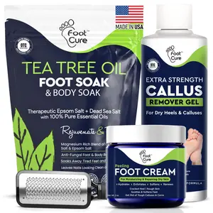 4 Pcs Exfoliator & Callus Remover Pedicure Care Kit, Made in USA, Includes Dead Skin File, Tea Tree Oil Soak Salts, 40% Urea Cream Removal Gel