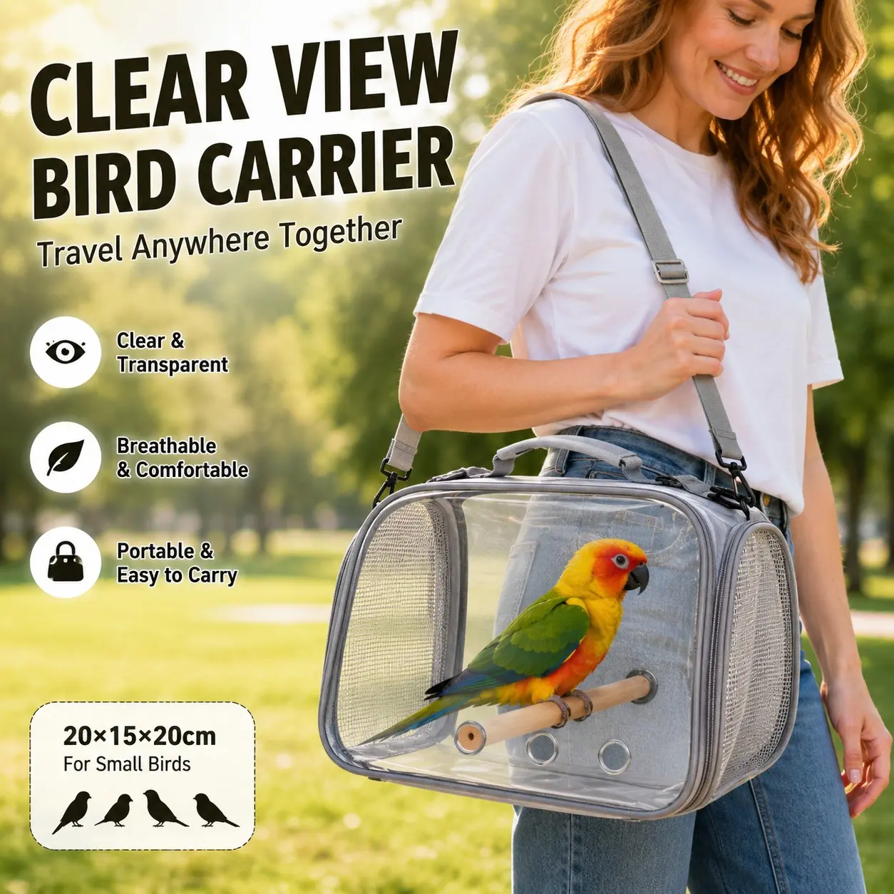 Clear View Bird Travel Cage, Portable Breathable Carrier with Perch & Tray for Cockatiel, Conure, Lovebird and Small Birds &pets, Parrot Cage, Bird Supplies