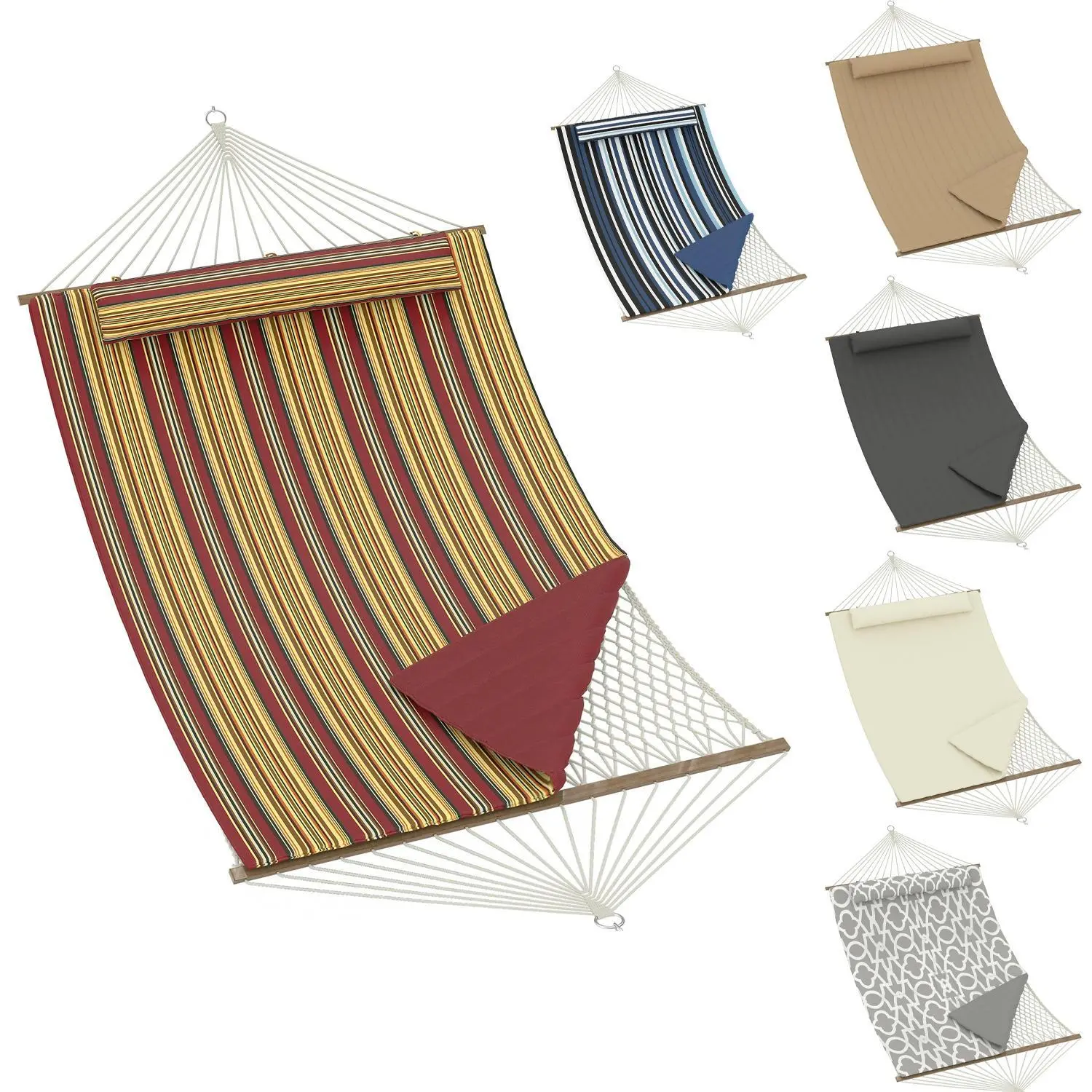 2 Person 12FT Hammocks for Outside, Double Quilted Fabric Outdoor Hammock with Spreader Bar, Large Removable Pillow, Storage Pockets, Carabiners, Max 450 Lbs Capacity
