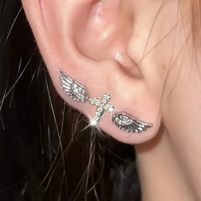 2/3Pcs Set Shiny Angel Wings Ear Studs Women Vintage Couple Creative Luxury Crystal Geometric Personality Cross Earrings Jewelry