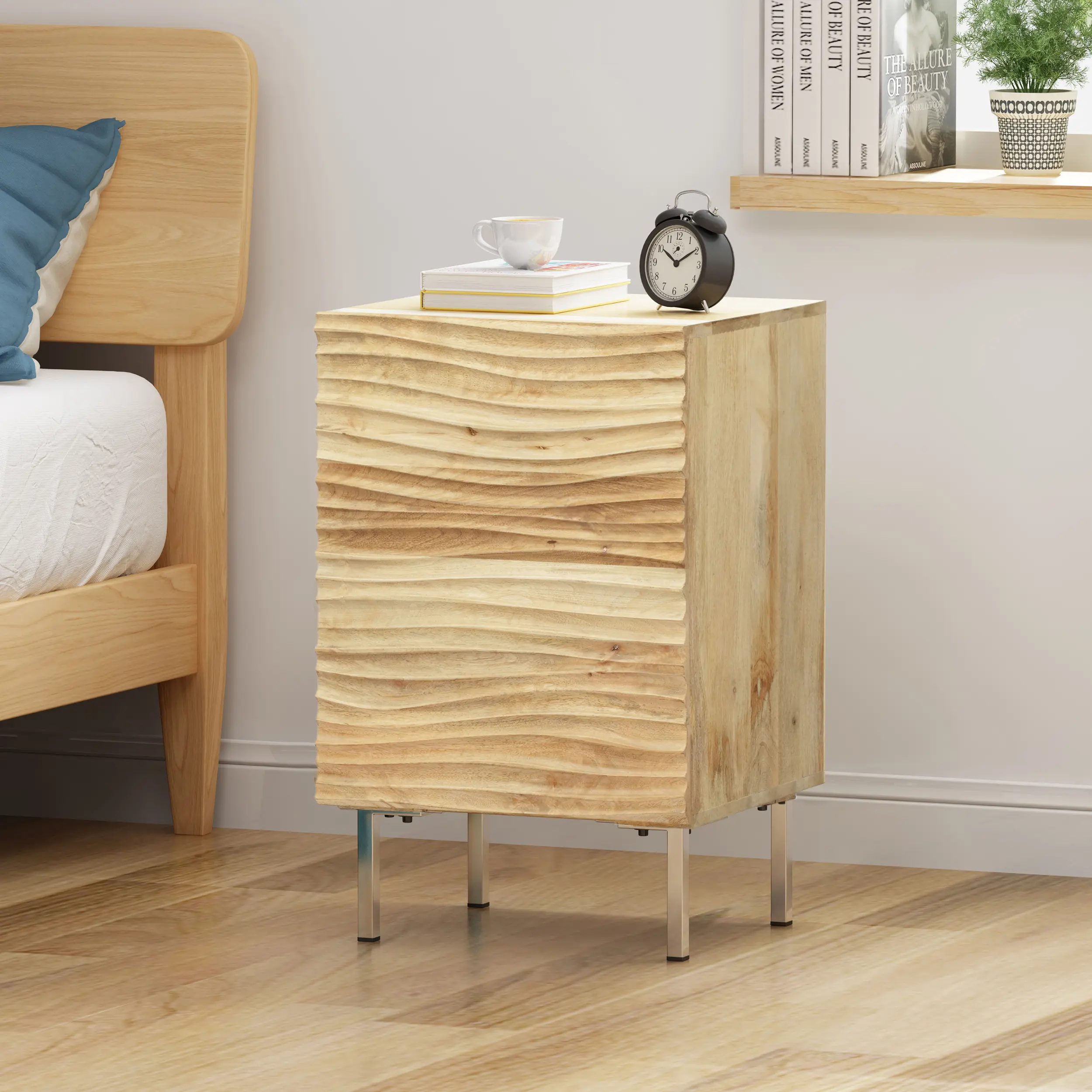 Nokaa Handcrafted Mango Wood Nightstand with Storage Cabinet and Shelf, Natural Finish, 16Wx18Dx28H Bedside Table for Bedroom, Living Room, Modern Minimalist End Table with Iron Legs