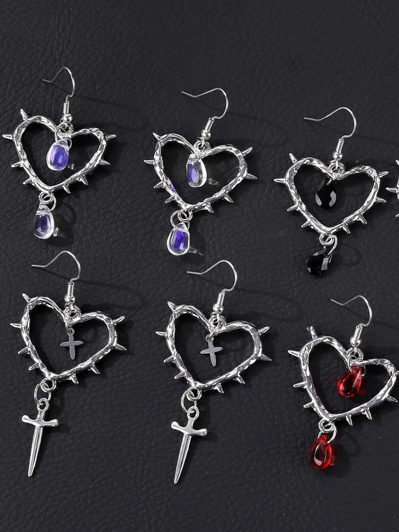 Gothic Thorn Heart Earrings for Women, Vintage Silvery Spiked Heart Dangle Earrings with Blood Drop Pendant, Punk Dark Aesthetic Jewelry