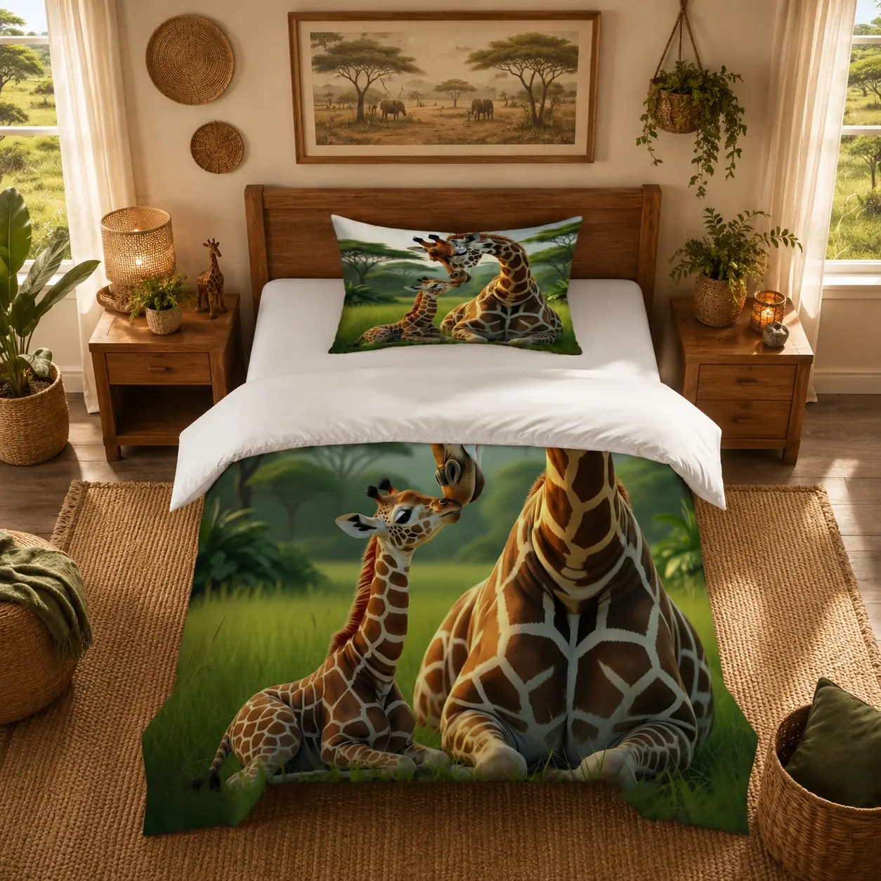 Giraffe Family Duvet Cover Set, 2/3 Pieces (1 Duvet Cover + 1/2 Pillowcases, No Comforter or Pillow Insert Included), Wildlife Print, Soft & Breathable Fabric, Ideal for Teens/Adults Bedroom Decor, Perfect Gift Choice
