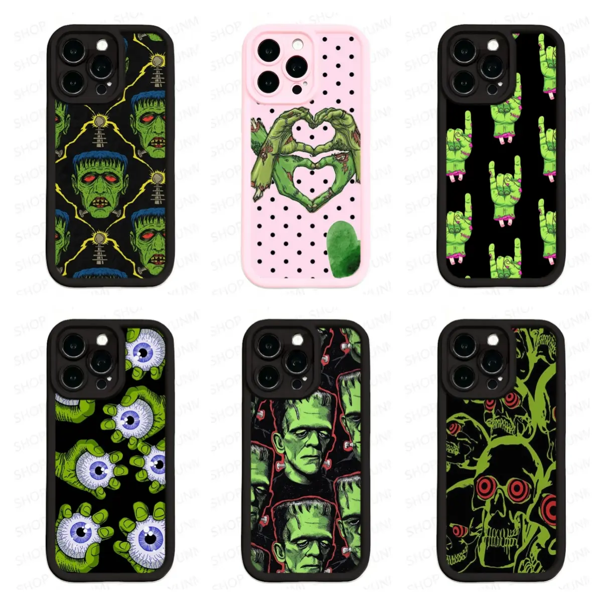 F.ra.nkenstein Creepy Eyeballs & Monster Hands Style| Green Zombie RockSign & Skull Graphic |Gothic Horror Halloween Aesthetic Phone Case for iPhone17/16/15/14/13/12/11ProMax Plus for Samsung phones, suitable for both men and women.Perfect Gift for Women