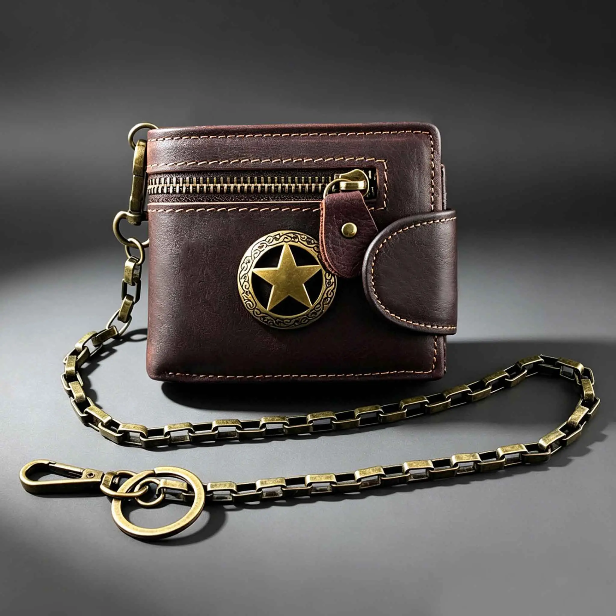 Star Genuine Leather Zipper Card Money Men's Wallet With chain