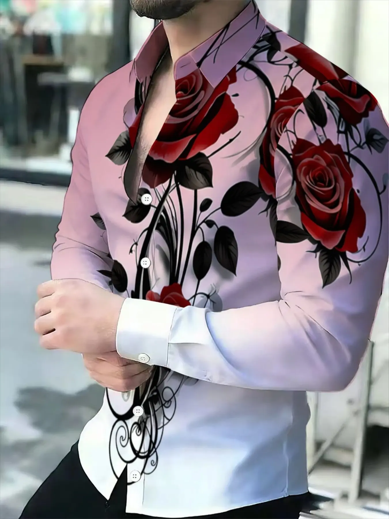 Elegant Gentleman Long Sleeve Button Shirt Sublimation White Pink Rose Splice Floral Print Lightweight Breathable Shirts Wedding Travel Nightclub Casual Outfits For Men
