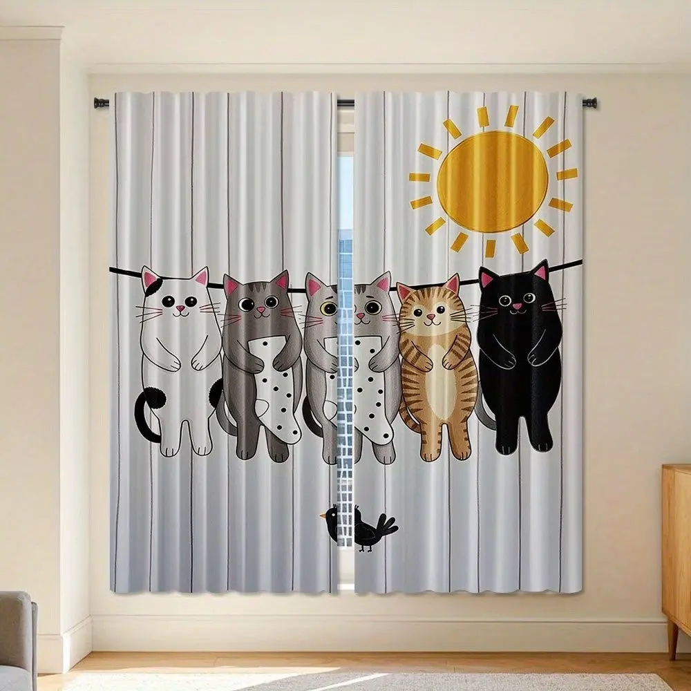 2pcs Cat Cartoon Print Curtains, Polyester, Light Filtering, Semi-Transparent, Rod Pocket Design, Suitable for Bedroom, Living Room, Office Decor