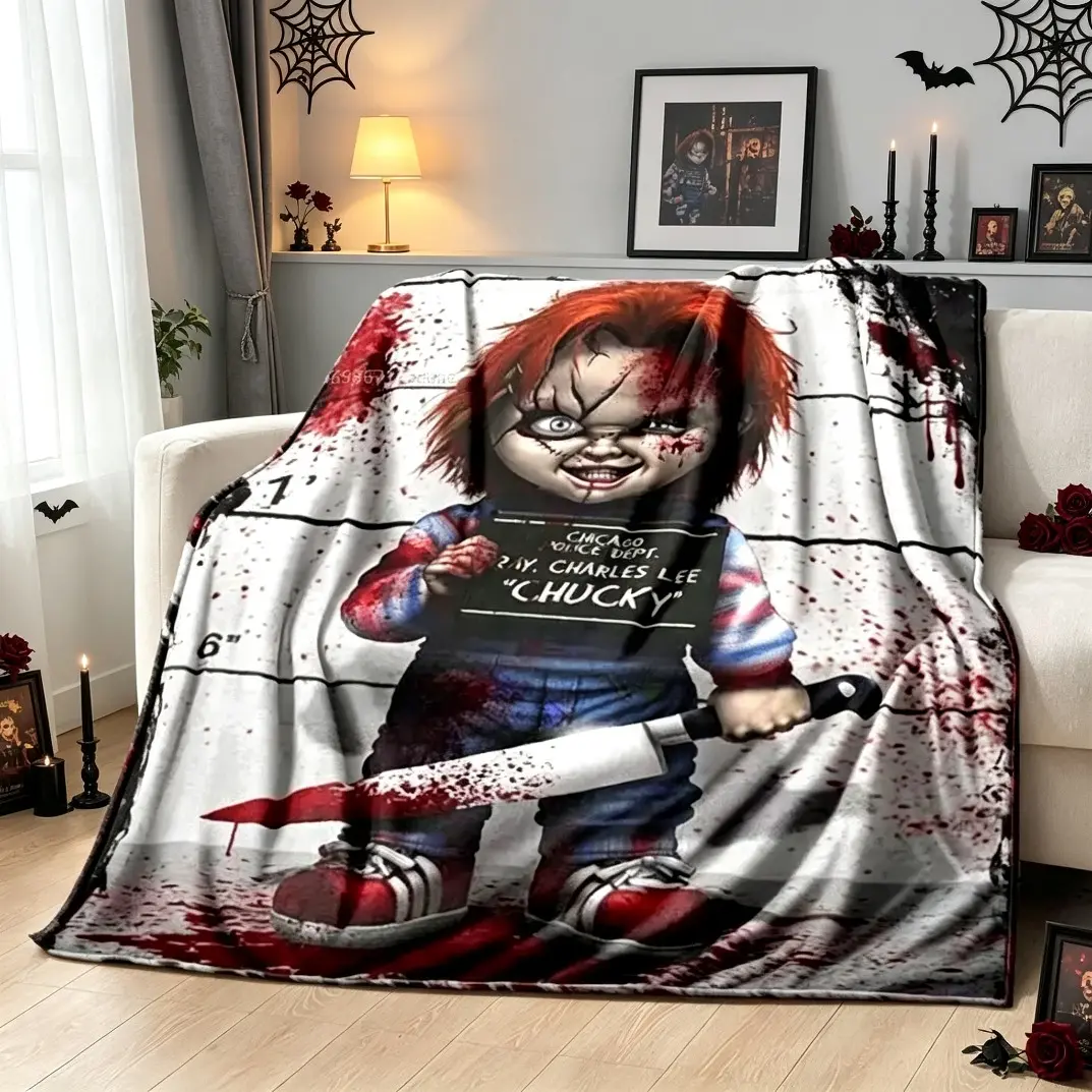 Child's Play Chucky Flannel Blanket, Cozy Aesthetic Horror Movie Character Throw Blanket, Soft Warm Fleece Blanket for Bedding Bed Sofa Lounge Use, Lightweight Home Decor Blanket for Adults & Kids, Horror Fan Gift