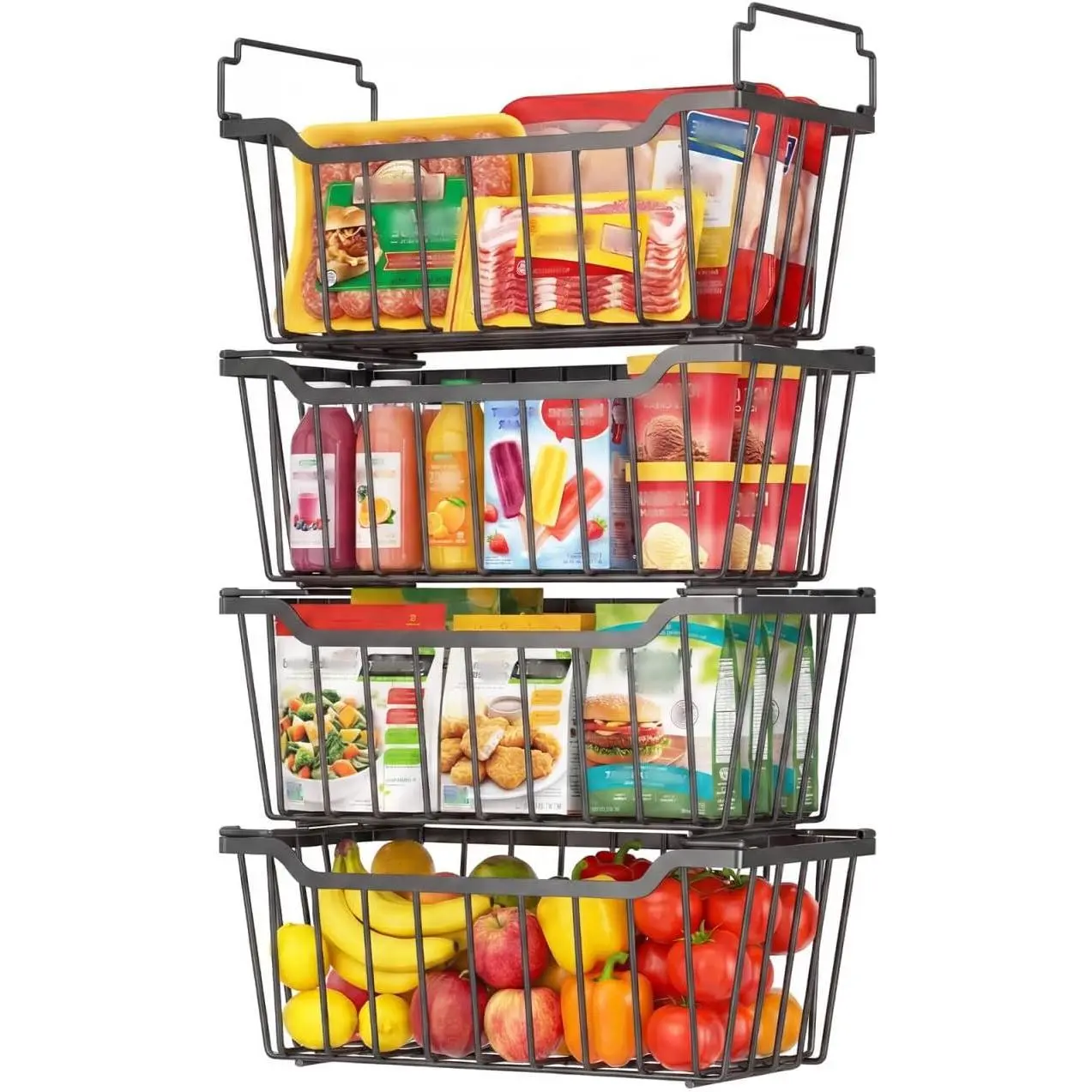 Freezer Organizer Bins with Foldable Handle, 4 Pack Stackable Freezer Baskets for 3.5-7 Cu.FT Deep Chest Freezer Organization, Coated Freezer Bins with Utilization
